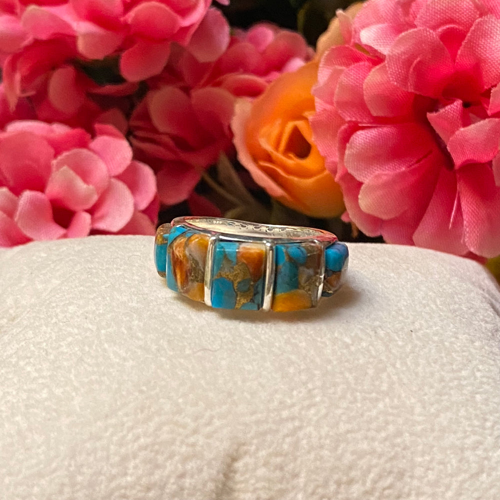 Sterling Silver Five Stone Orange Spiny Turquoise Ring Size 6.5