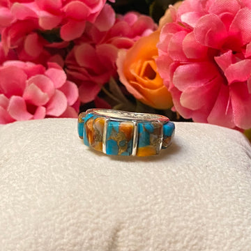Sterling Silver Five Stone Orange Spiny Turquoise Ring Size 6.5