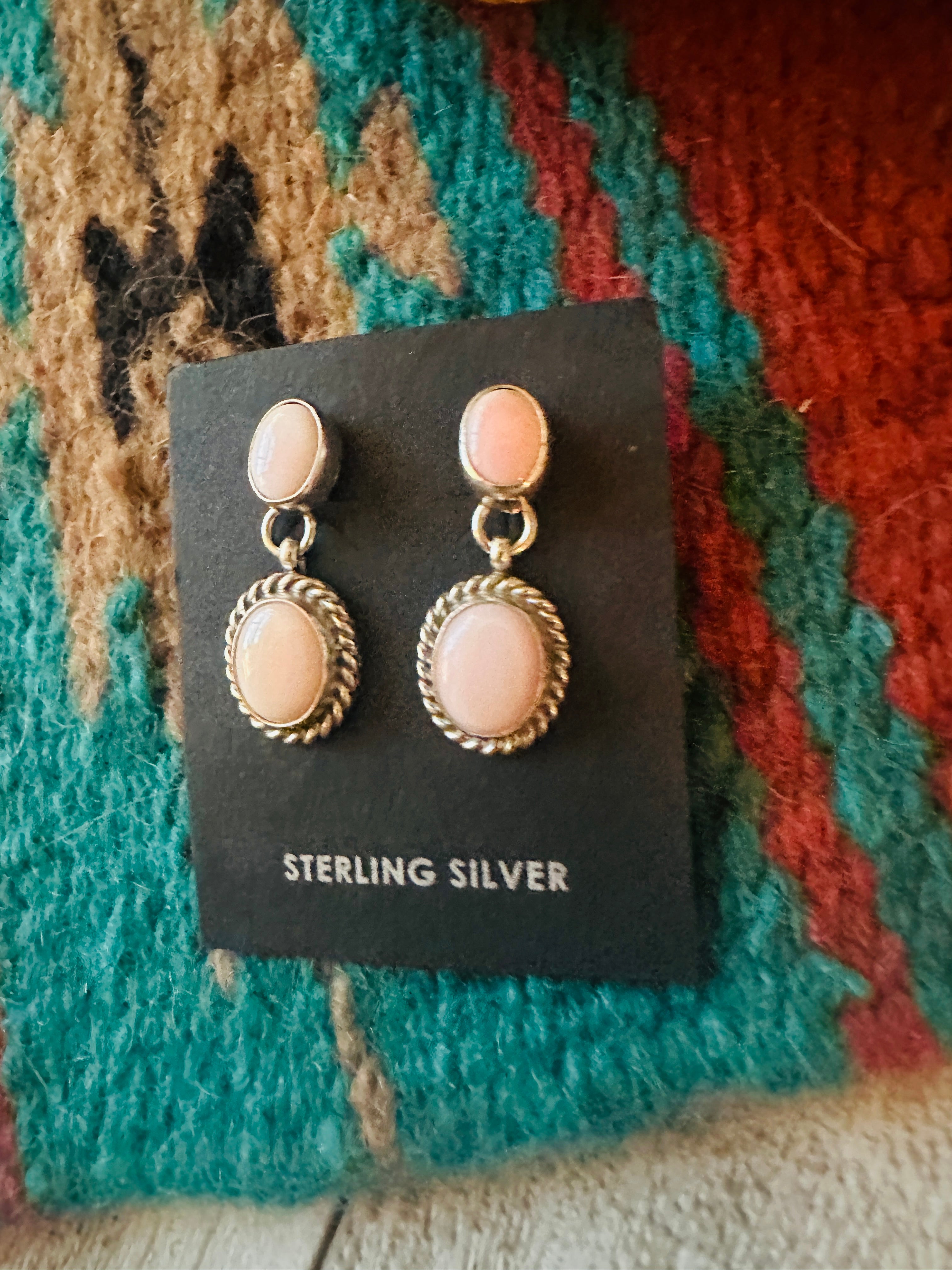 Navajo Queen Pink Conch & Sterling Silver Two Stone Dangle Earrings