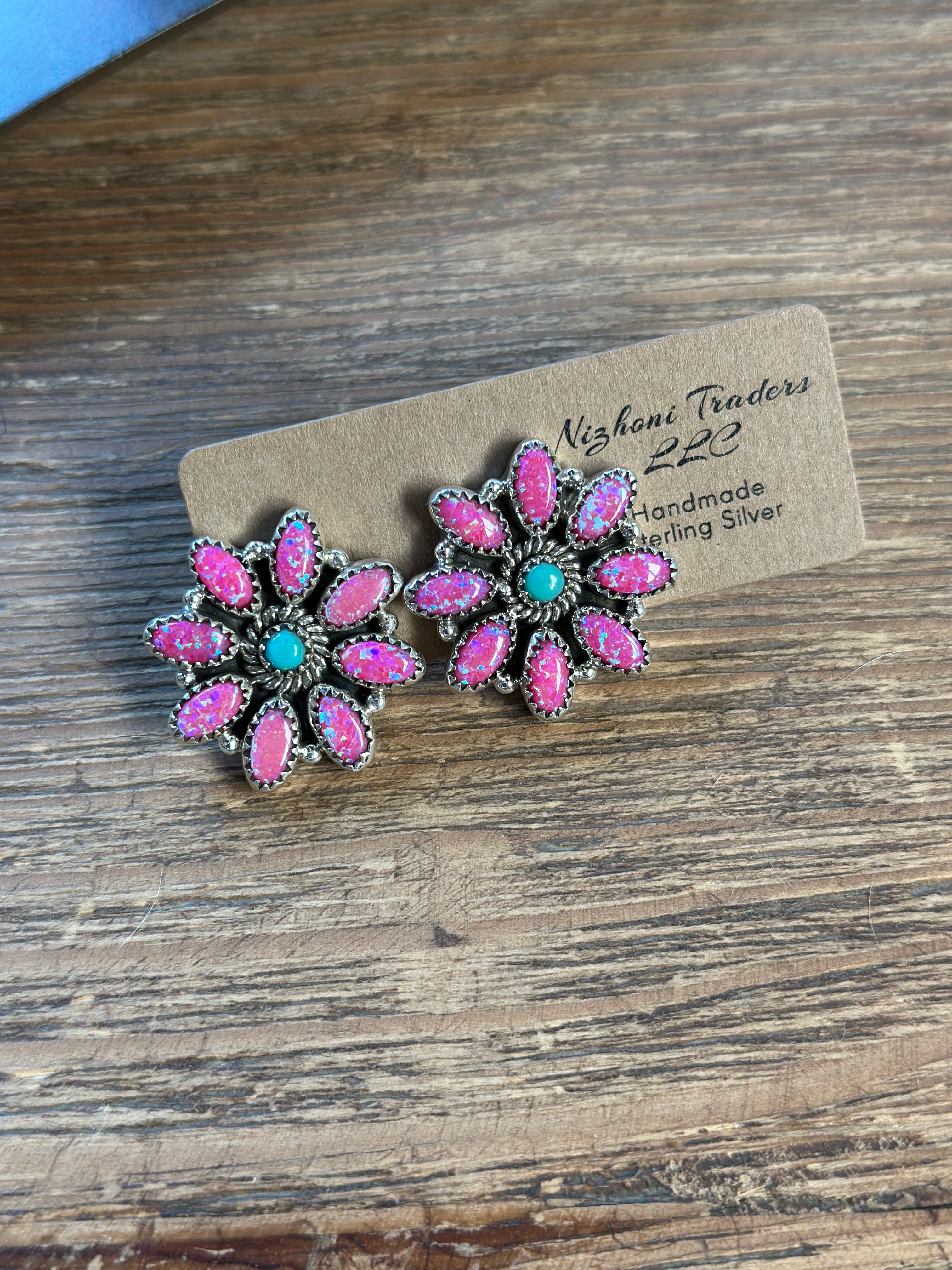 Handmade Sterling Silver, Hot Pink Opal and Turquoise Post Cluster Earrings