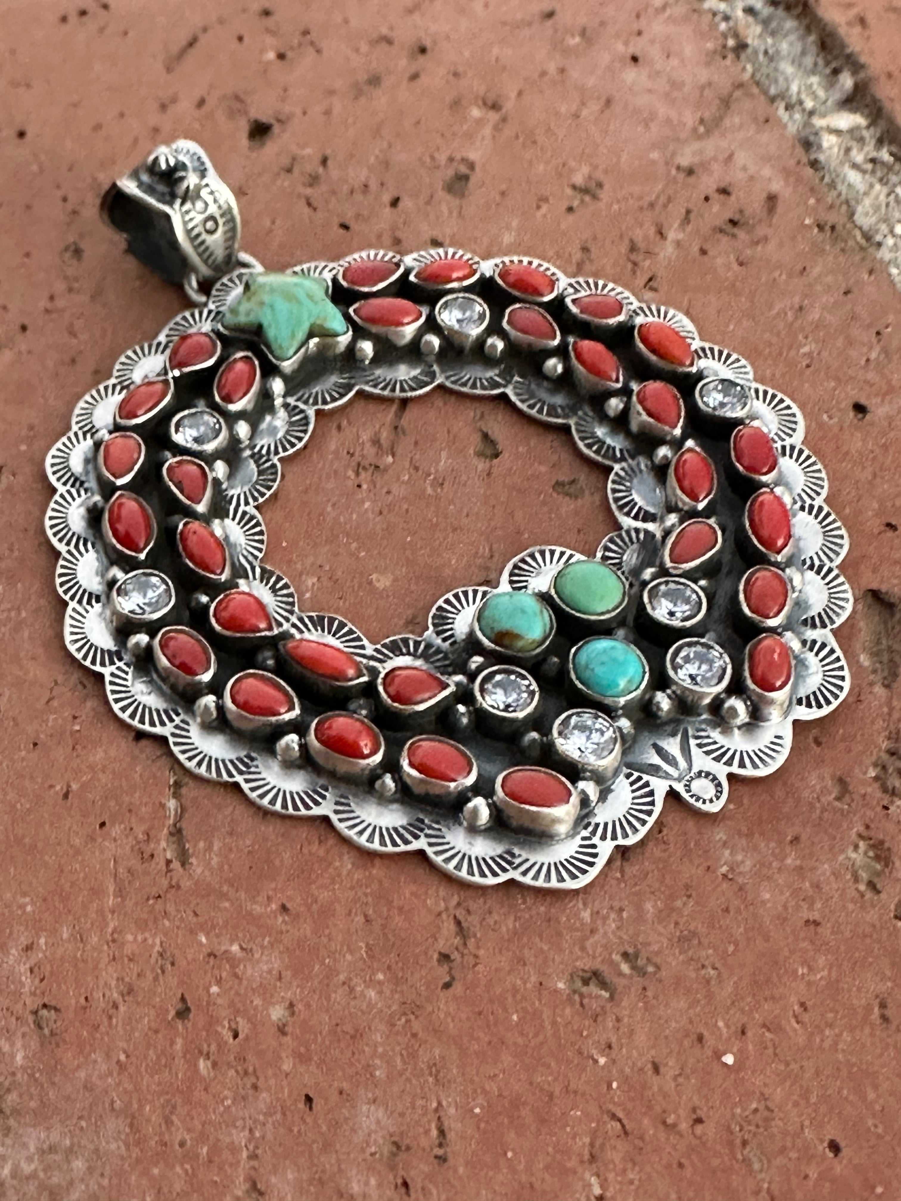 Handmade Sterling Silver, Coral & Kingman Turquoise Christmas Wreath Pendant