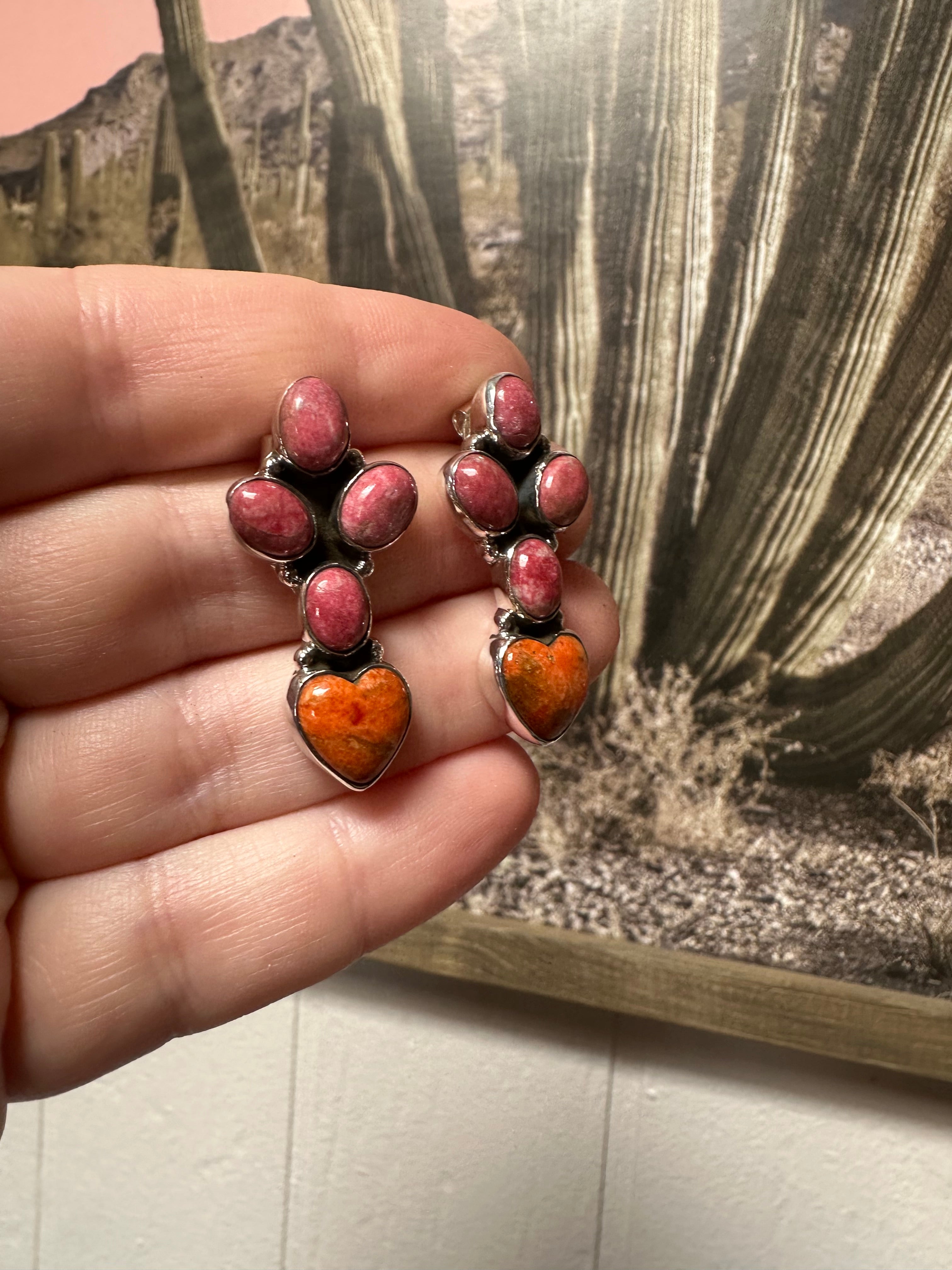 Handmade Orange Mojave, Rhodonite and Sterling Silver Post Earrings Signed Nizhoni