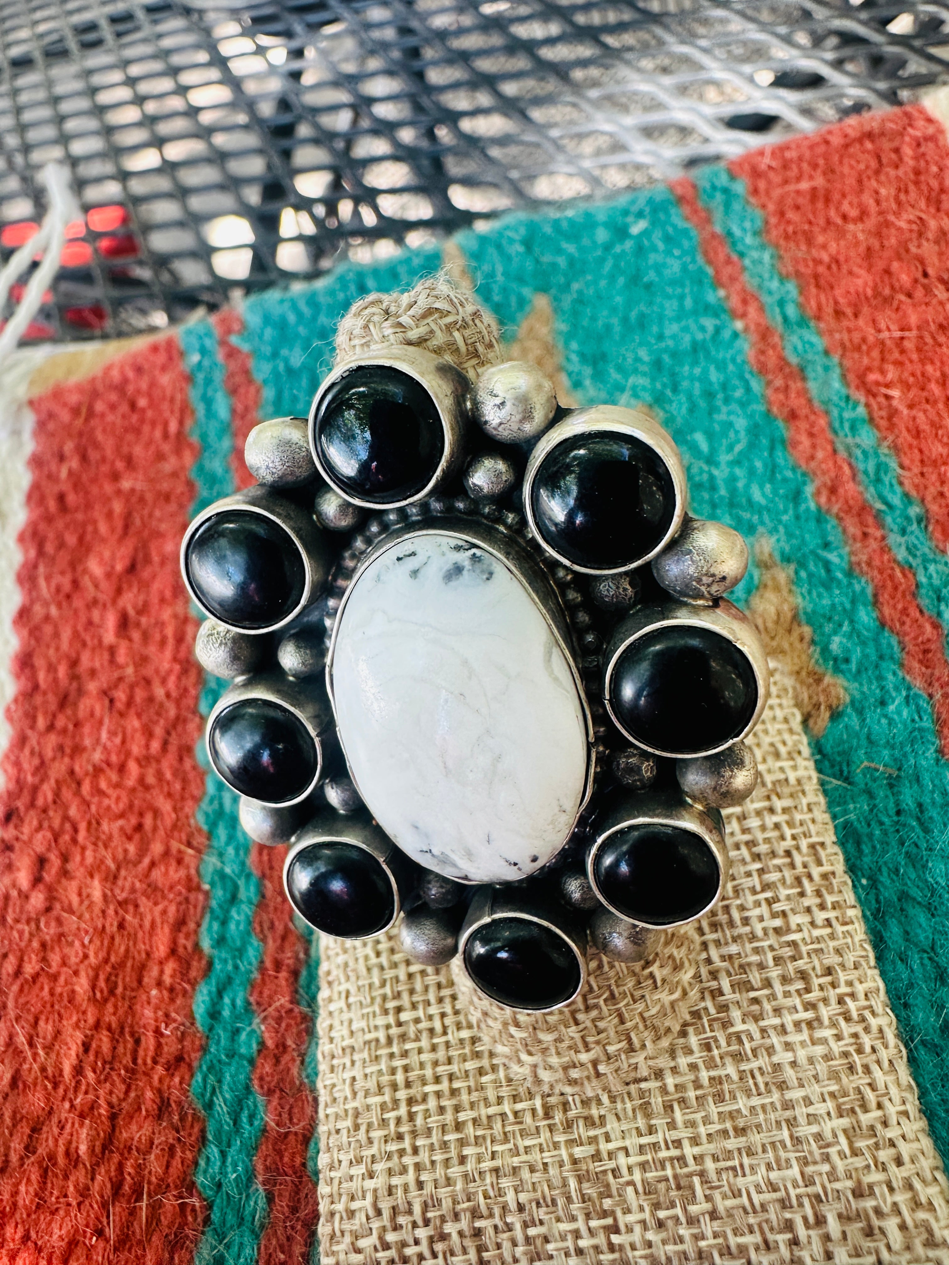 Handcrafted Sterling Silver, White Buffalo & Onyx Cluster Adjustable Ring