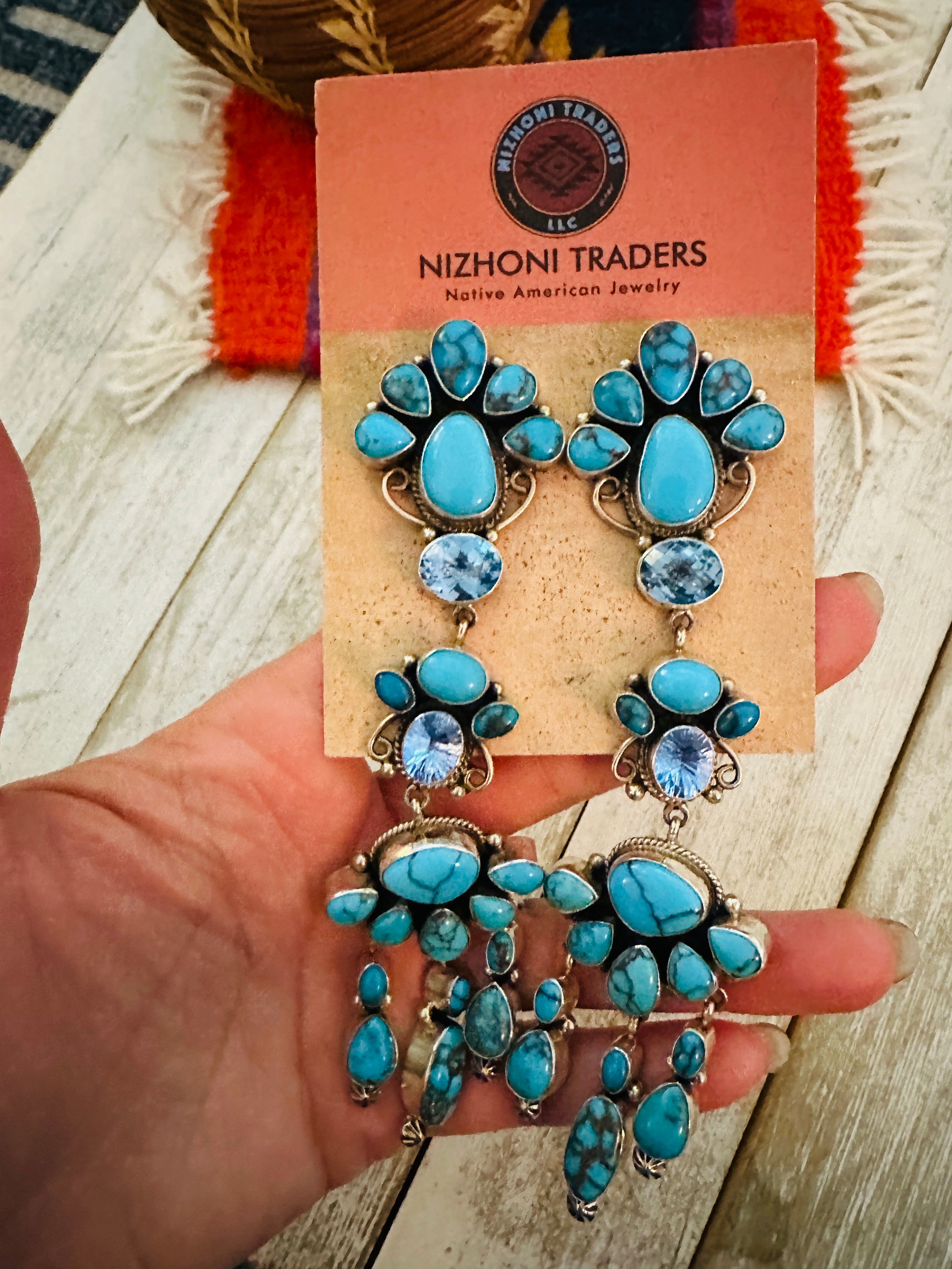 Navajo Turquoise, Topaz & Sterling Silver Chandelier Dangle Earrings