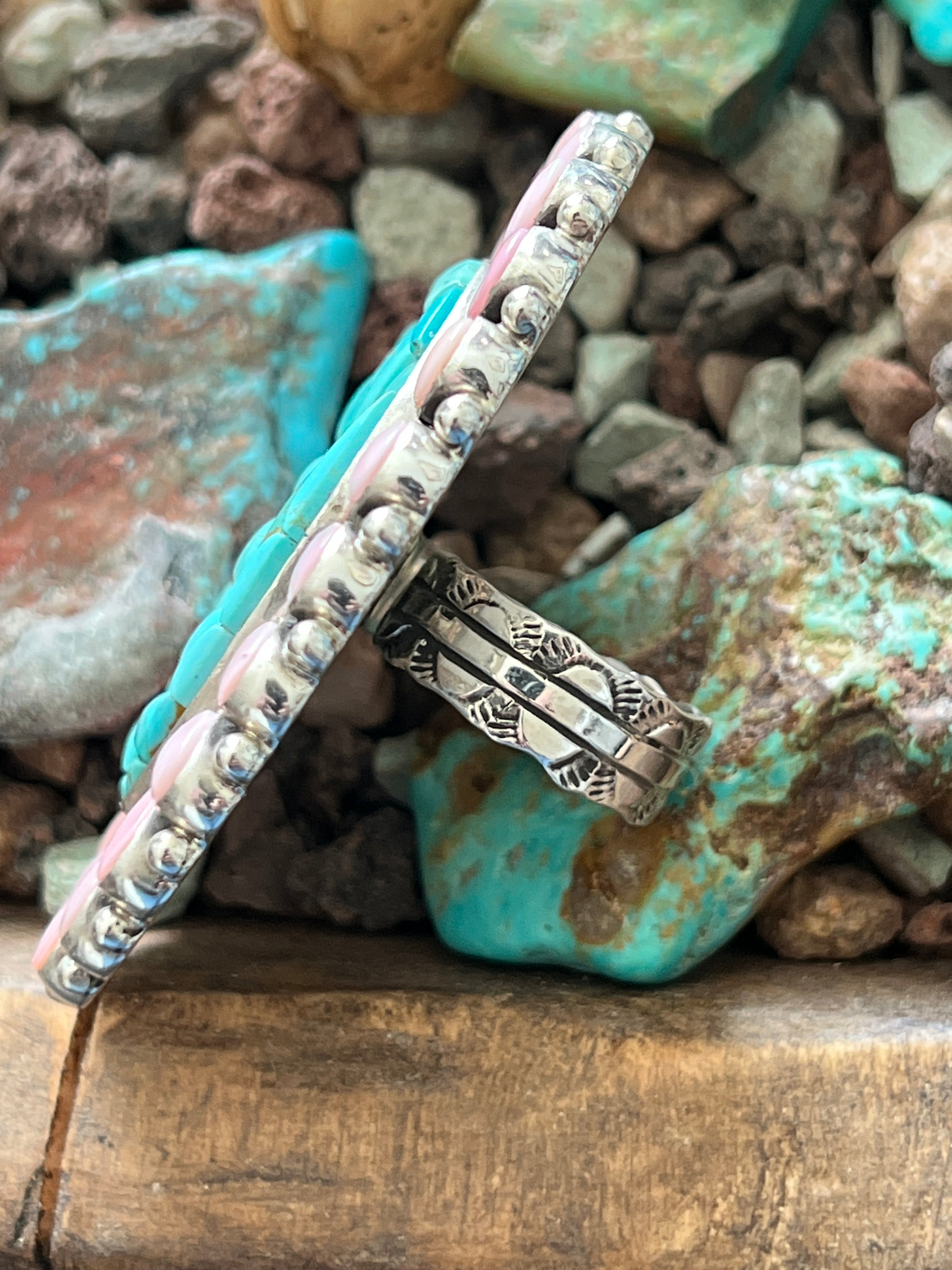 Handcrafted Cobblestone Kingman Turquoise and Pink Conch Cluster Ring by Aaron Tallis, Adjustable