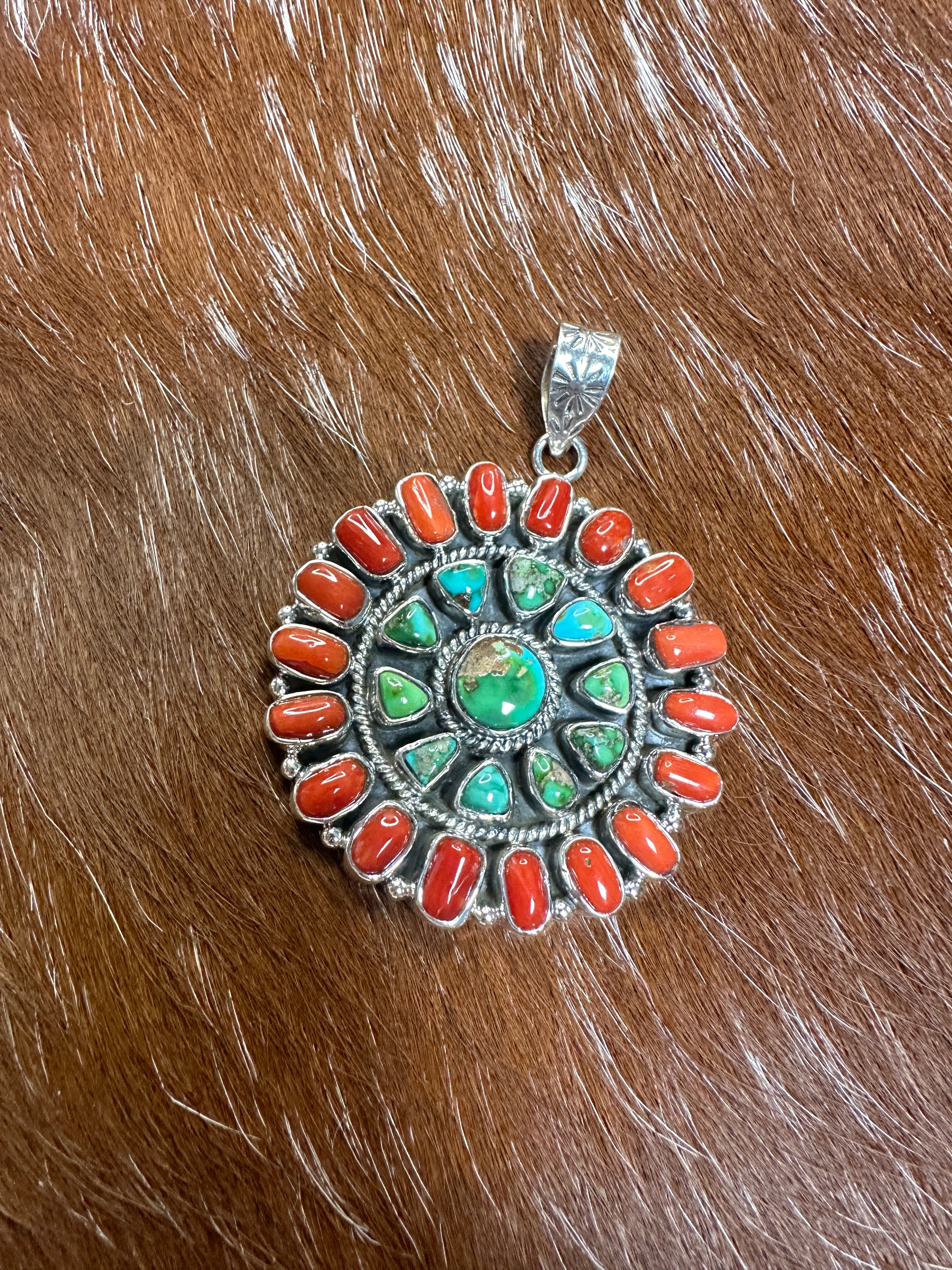 Beautiful Handmade Sterling Silver, Coral & Sonoran Mountain Turquoise Pendant style 1