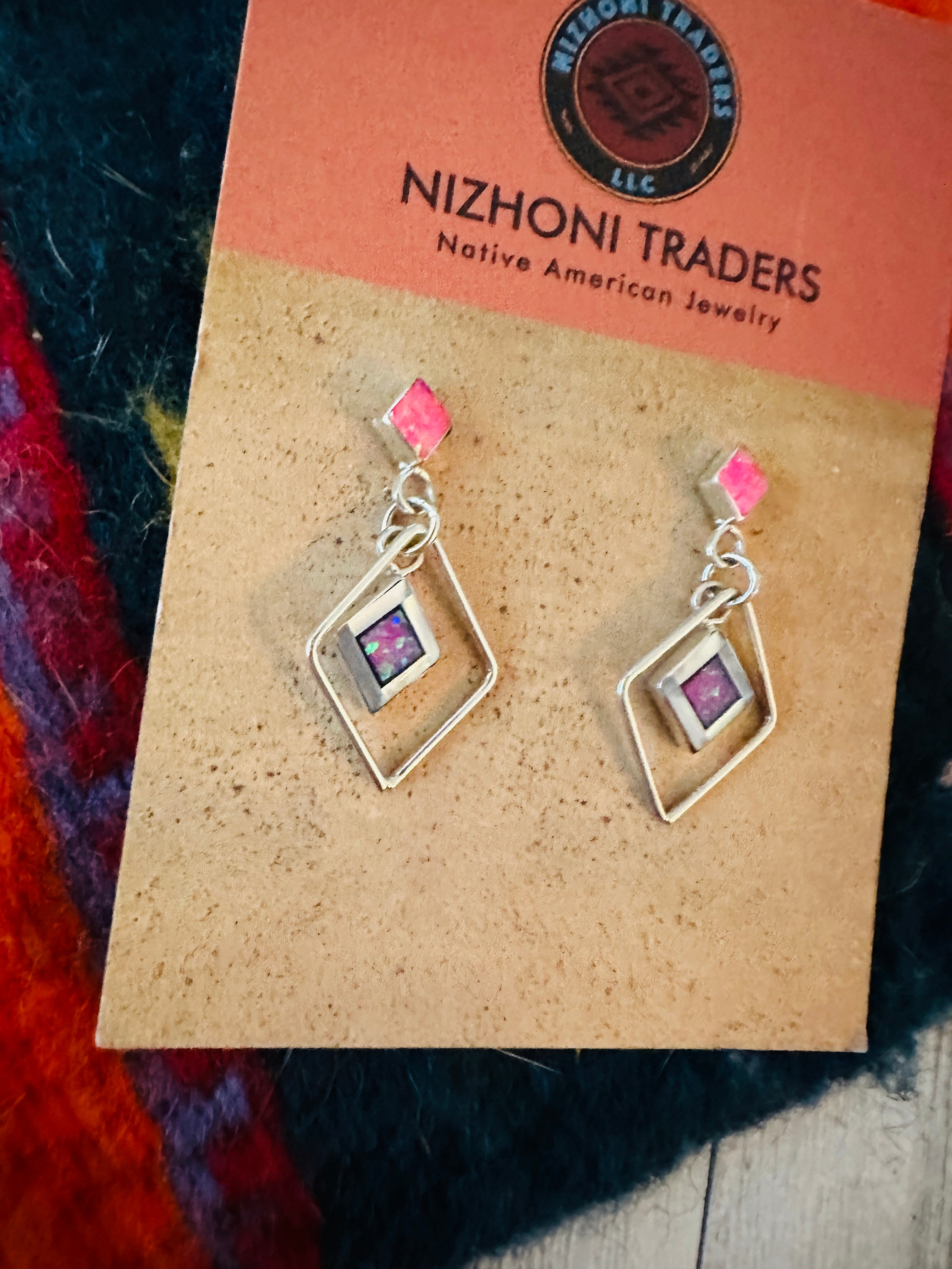 Zuni Sterling Silver & Pink Opal Diamond Dangle Earrings