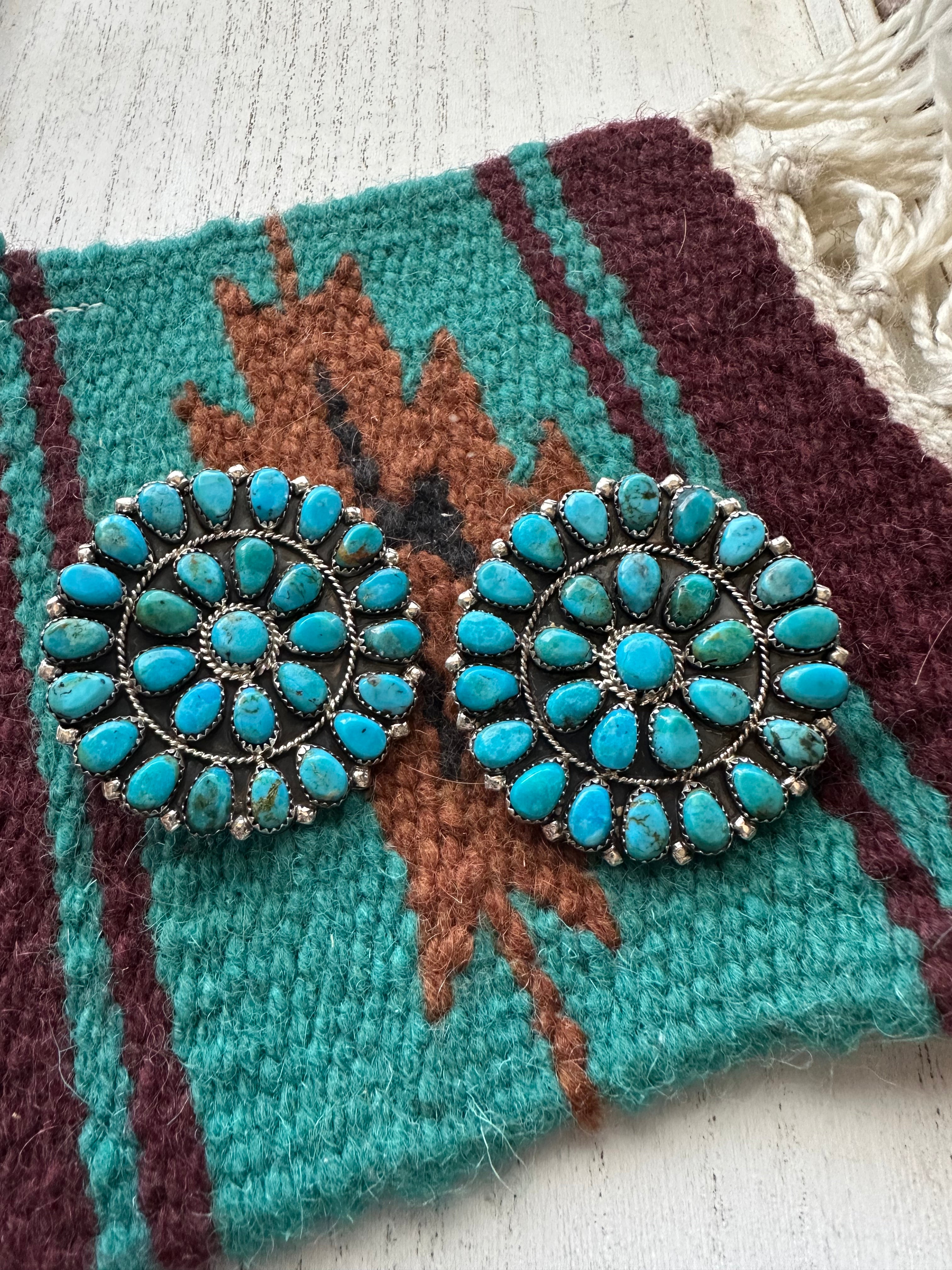 Navajo Sterling Silver & Kingman Turquoise Cluster Earrings Signed