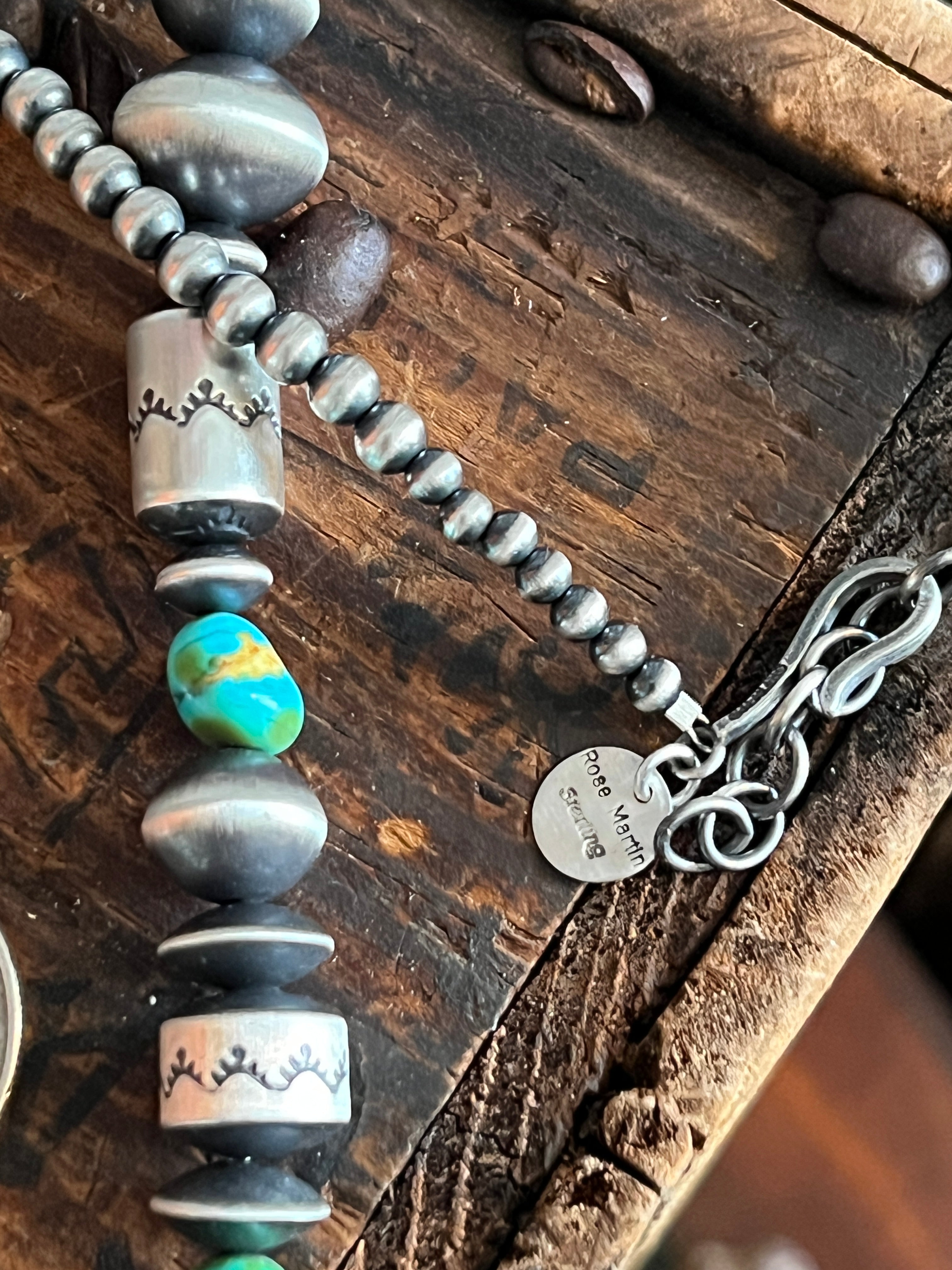 Handcrafted Sterling Silver and Sonoran Mountain Turquoise and Beaded Necklace by Rose Martin, 24 + 1 Inches