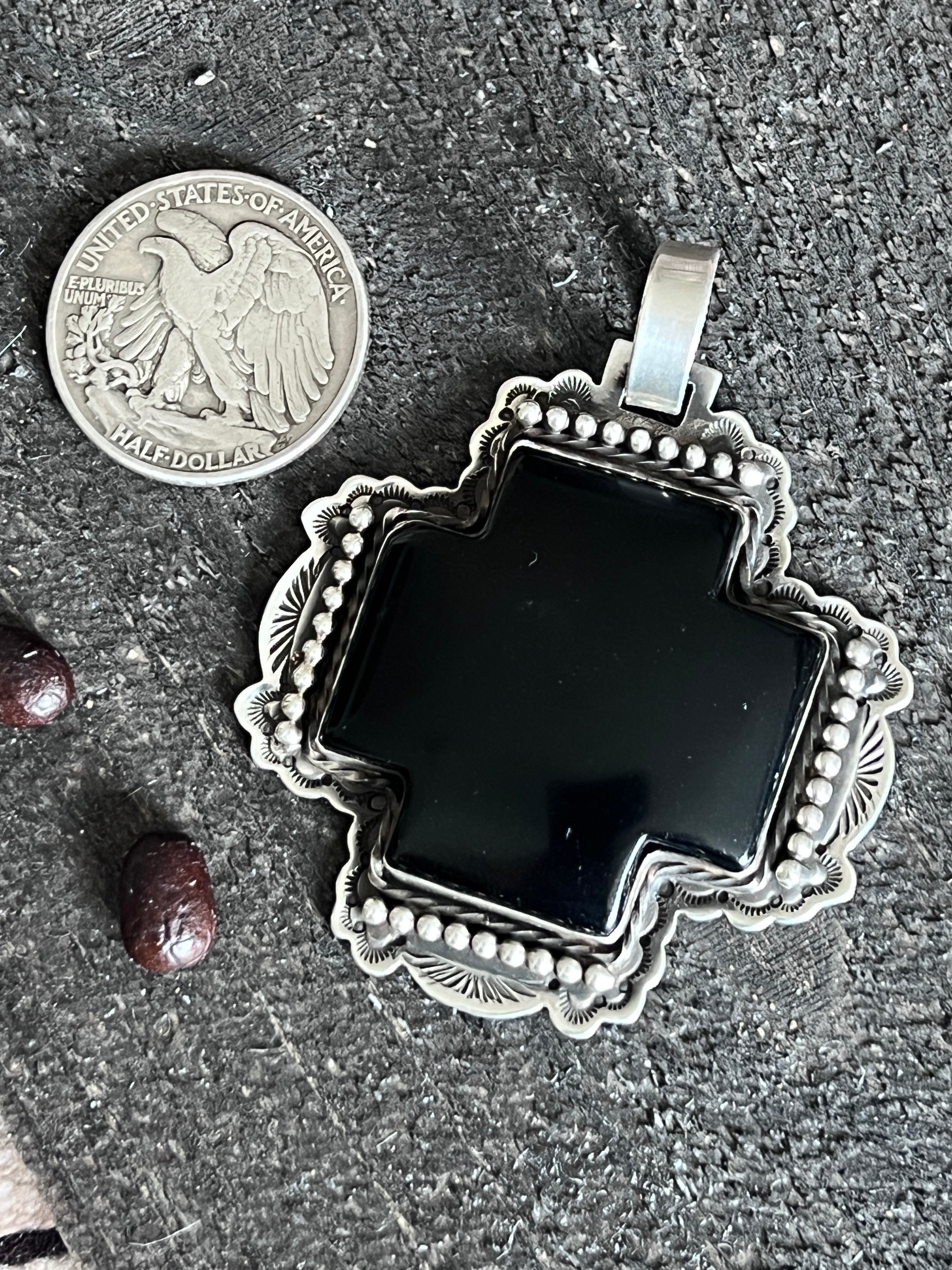 Hand Stamped Sterling Silver & Black Marble Santa Fe Cross Pendant by Kimari Somers