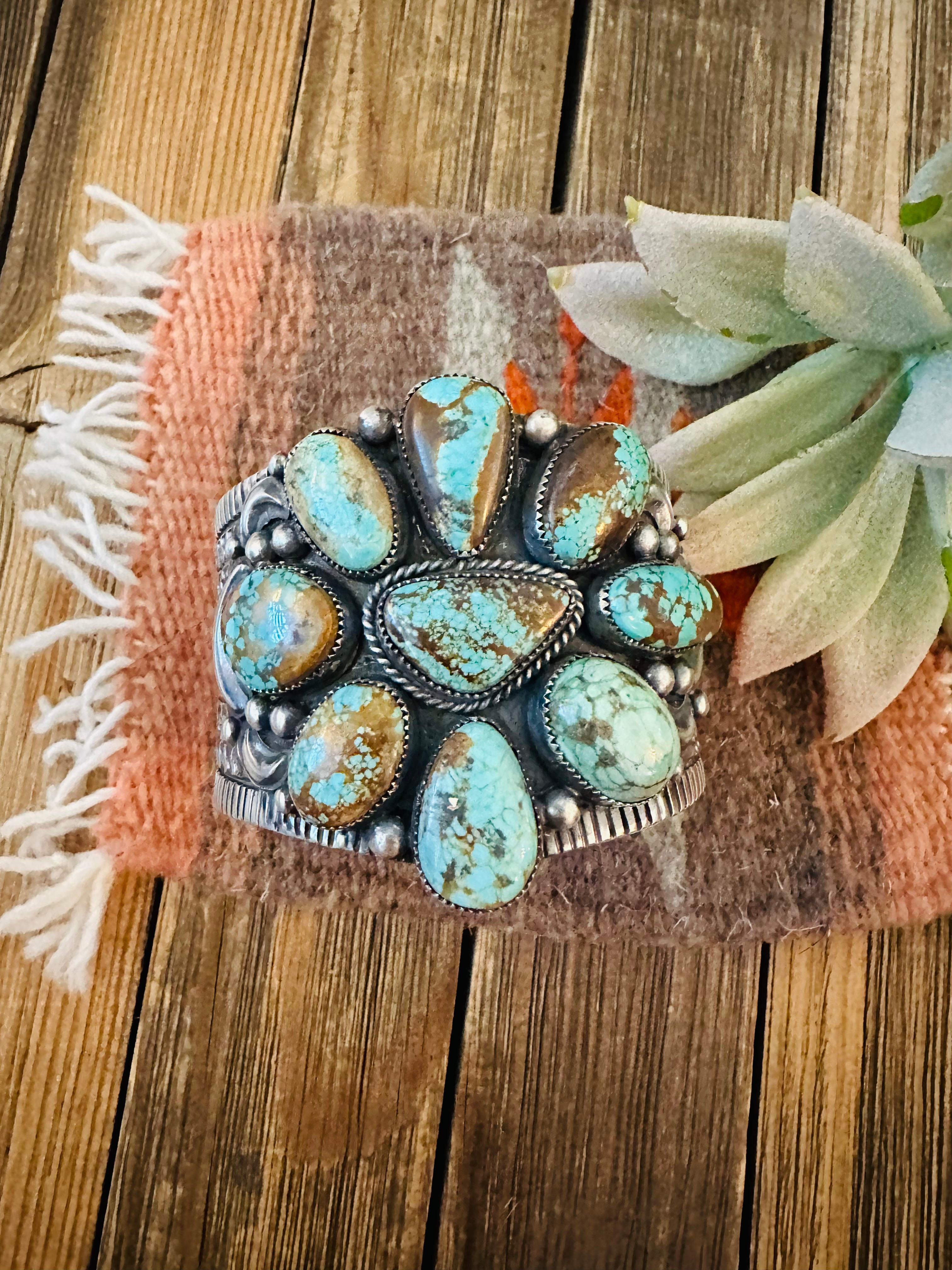 Navajo Number 8 Turquoise & Sterling Silver Cluster Cuff Bracelet