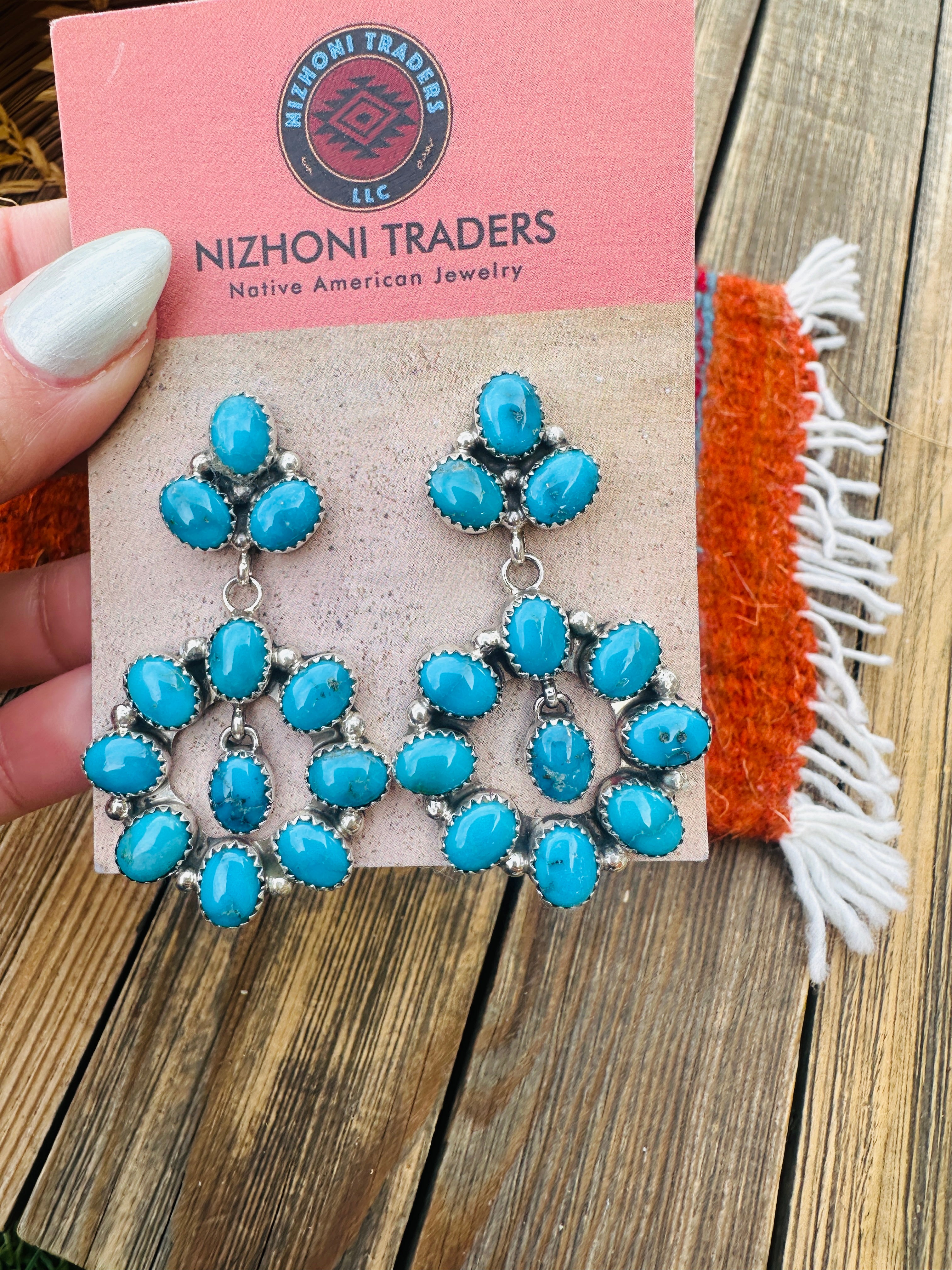 Handcrafted Blue Ridge Turquoise & Sterling Silver Cluster Dangle Earrings