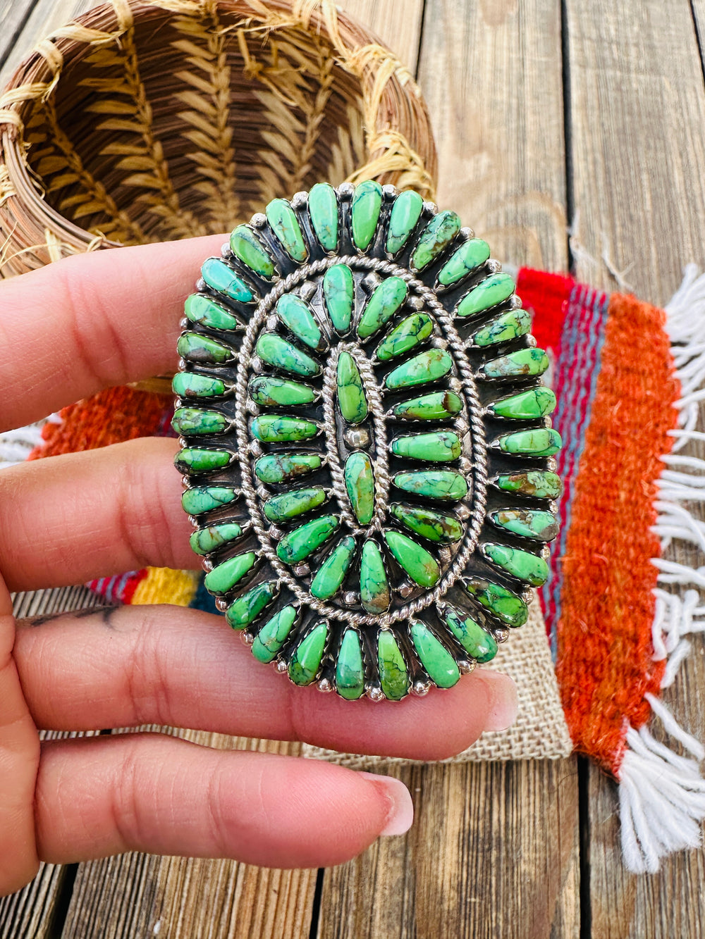 Handcrafted Green Turquoise & Sterling Silver Cluster Adjustable Ring