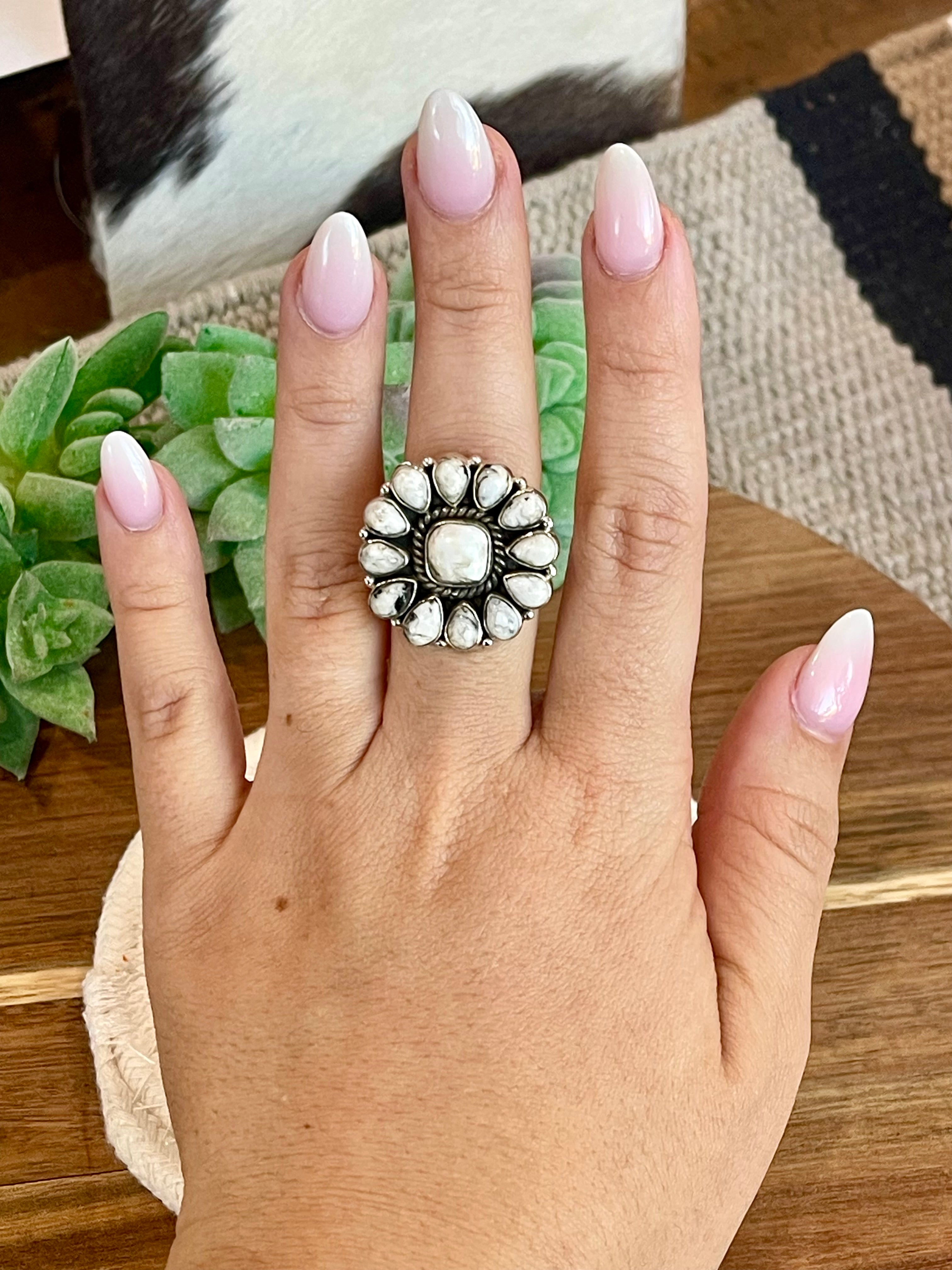 Beautiful Handmade White Buffalo And Sterling Silver Adjustable Cluster Ring