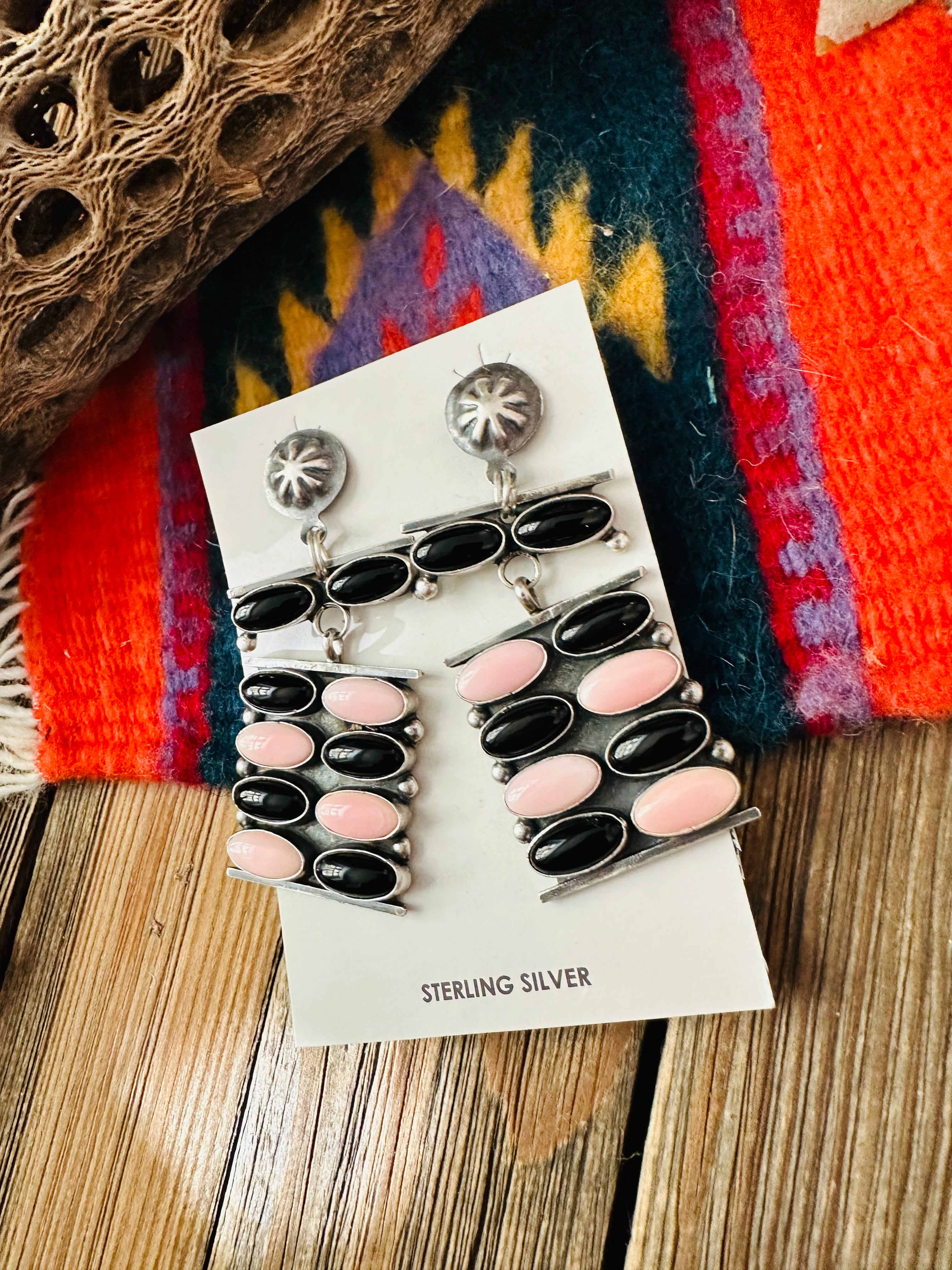 Navajo Queen Pink Conch, Onyx & Sterling Silver Dangle Earrings