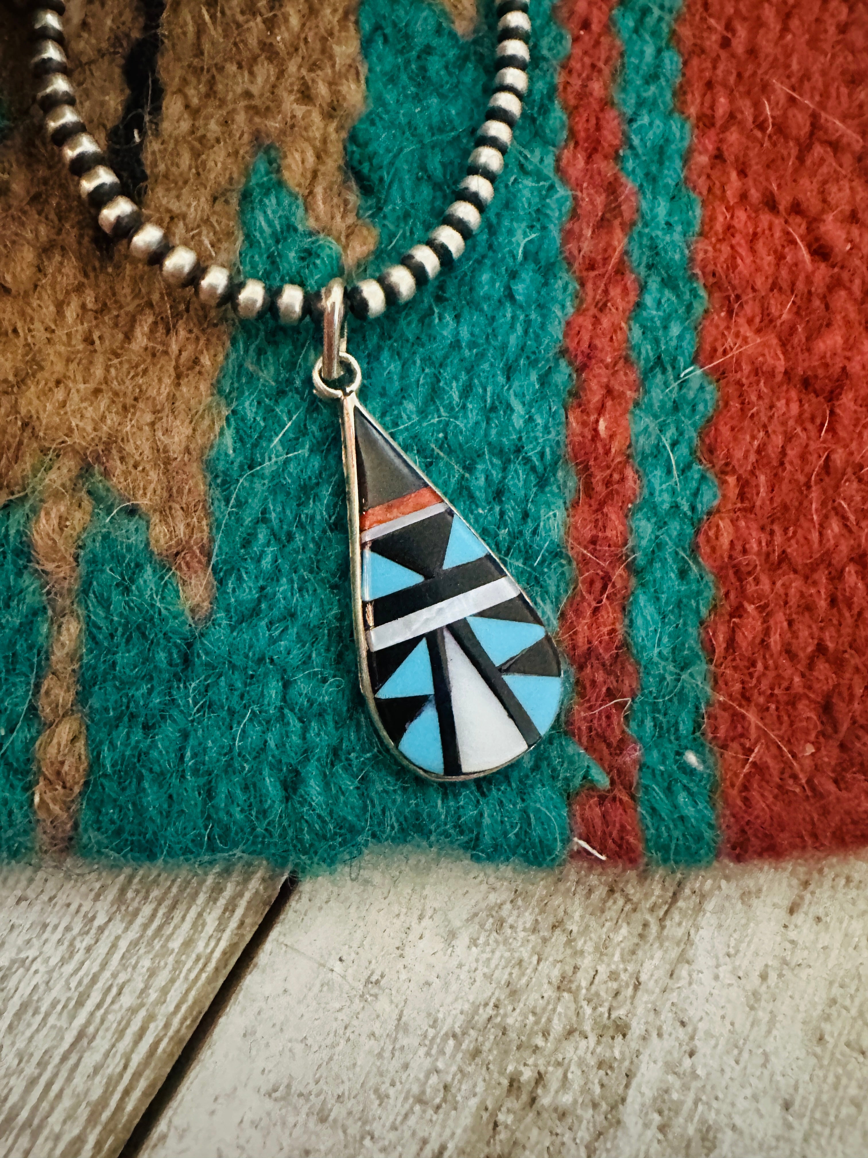 Zuni Multi Stone & Sterling Silver Inlay Teardrop Pendant