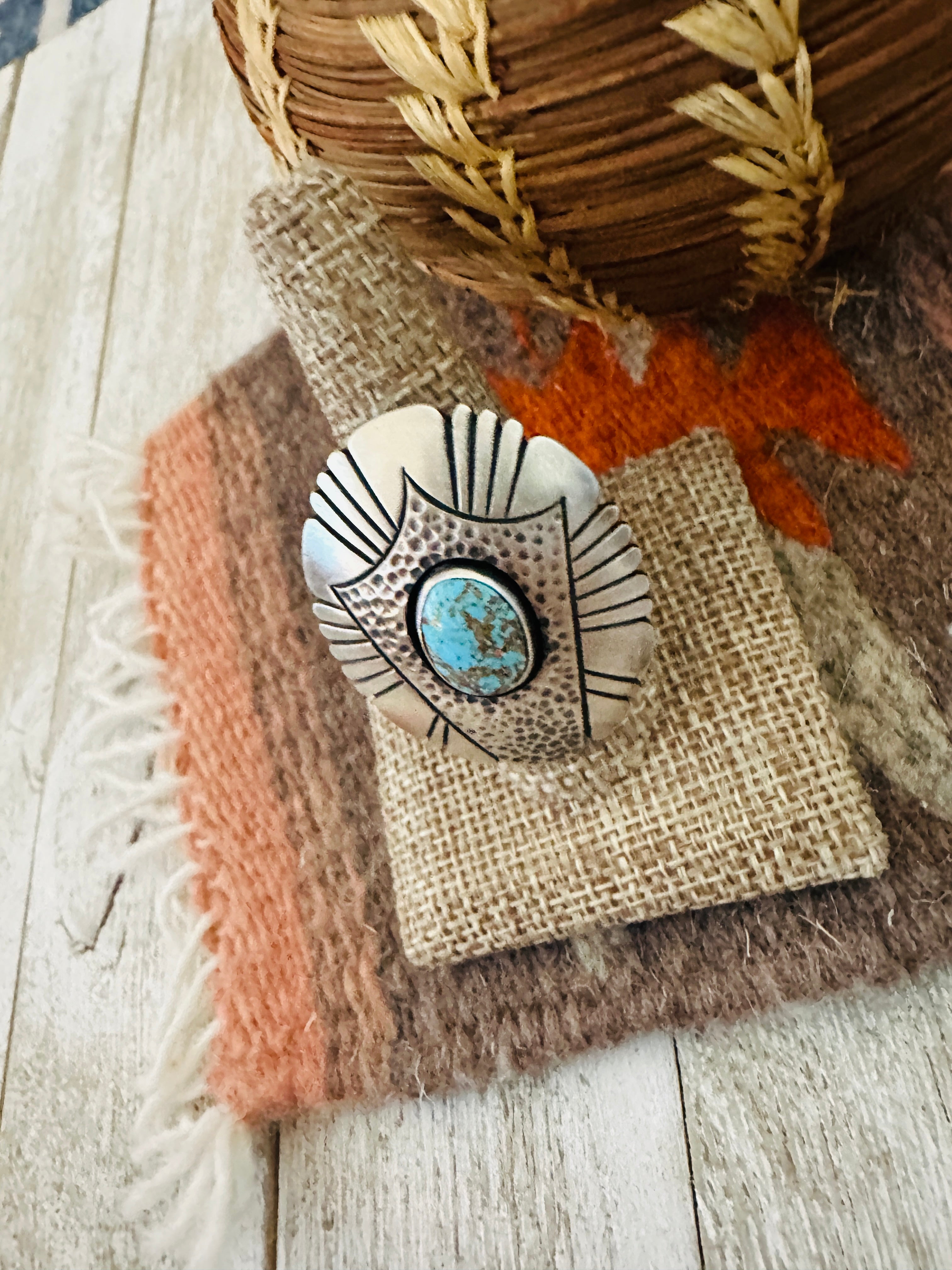 Handcrafted Hand Stamped Sterling Silver & Turquoise Ring Size 9