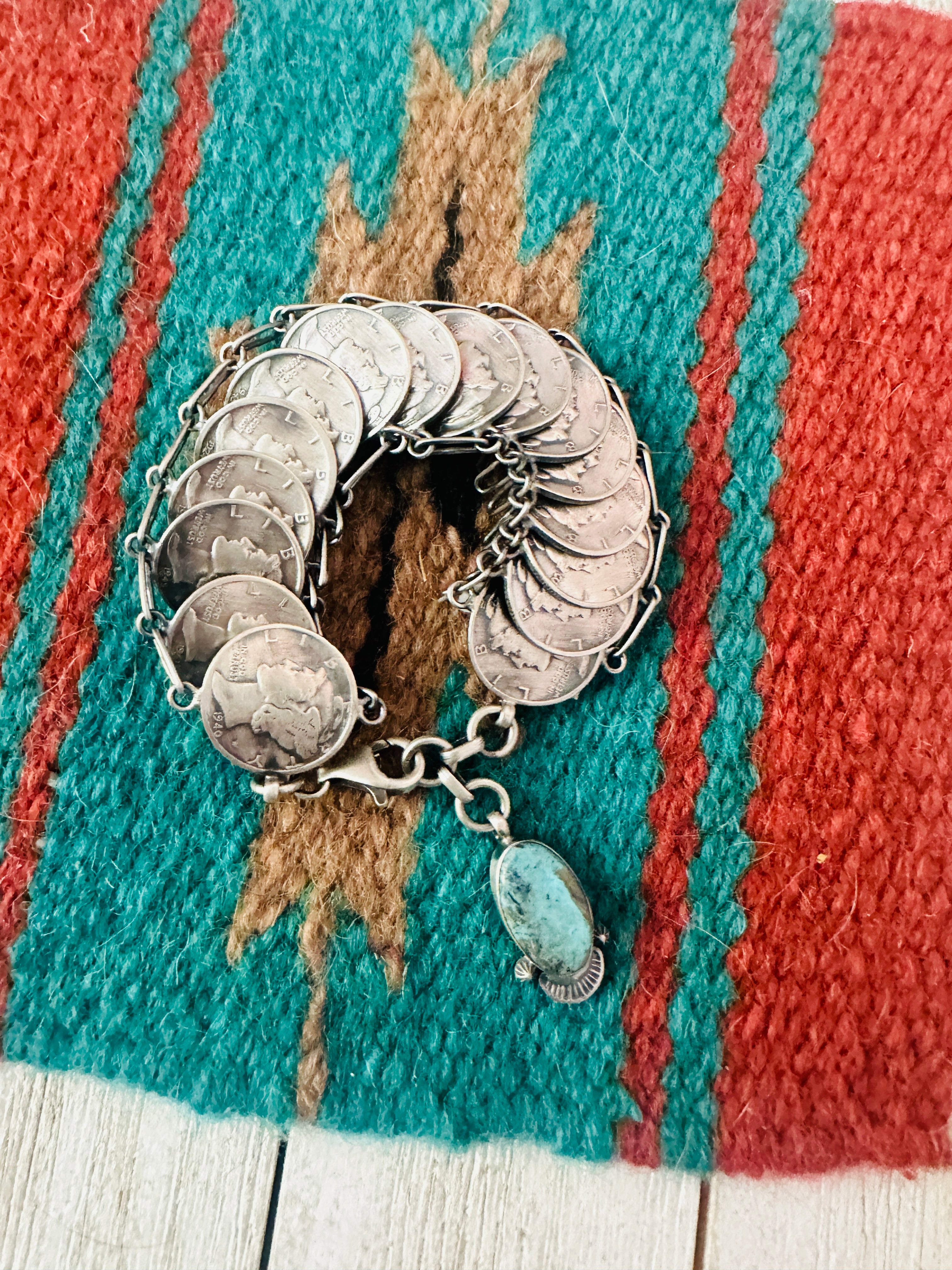 Navajo Turquoise & Sterling Silver Liberty Dime Bracelet By James McCabe