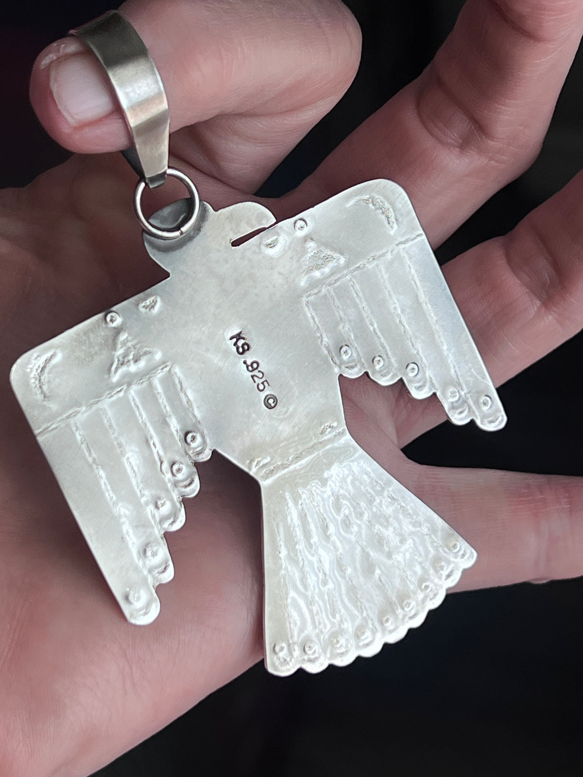 Kimari Somers Hand Stamped Sterling Silver & Kingman Turquoise Thunderbird Pendant 3