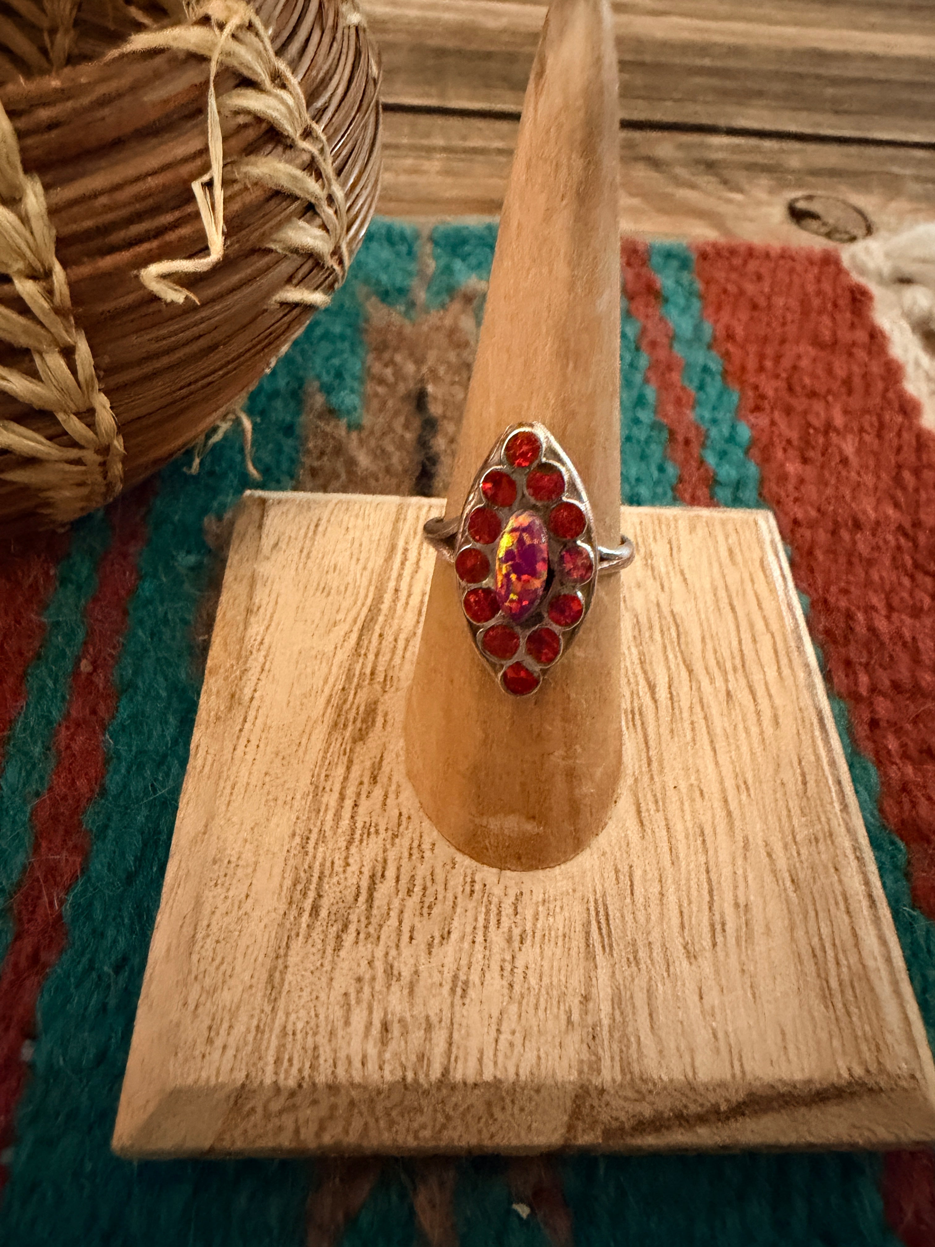 Handcrafted Red Opal & Sterling Silver Ring Size 6.75