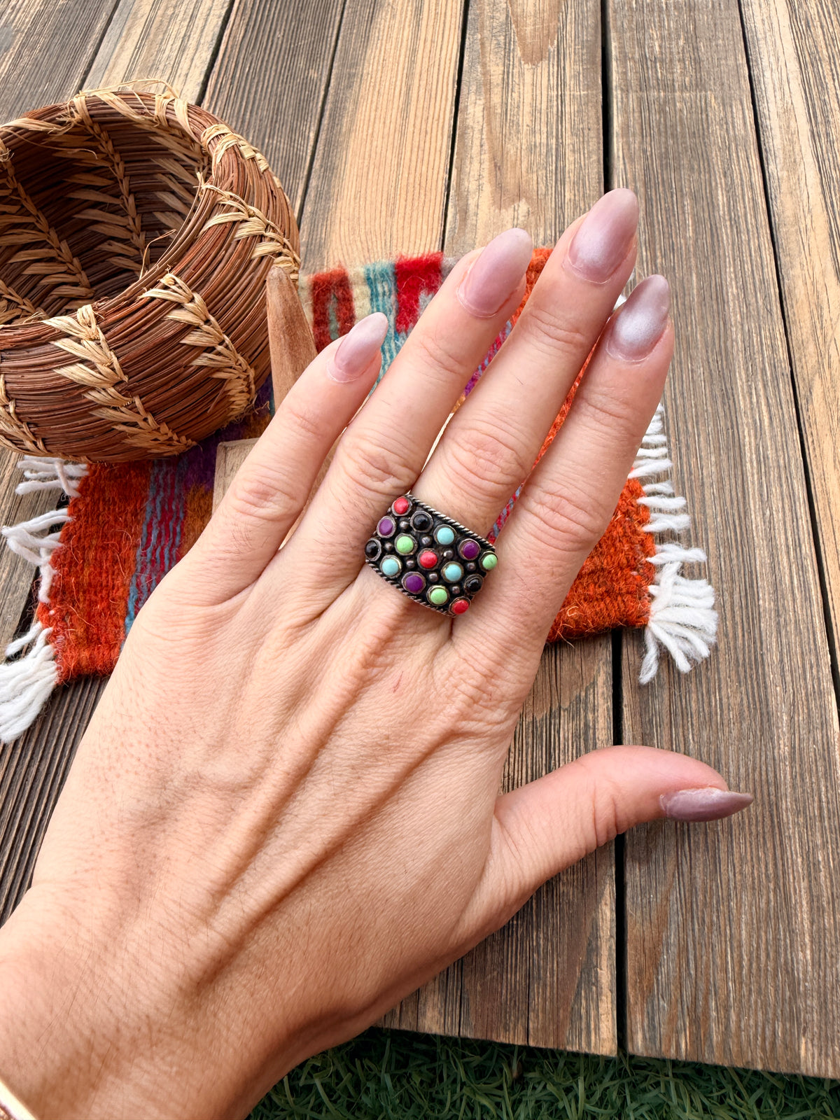 Old Pawn Handmade Multi Stone & Sterling Silver Ring Size 5.75