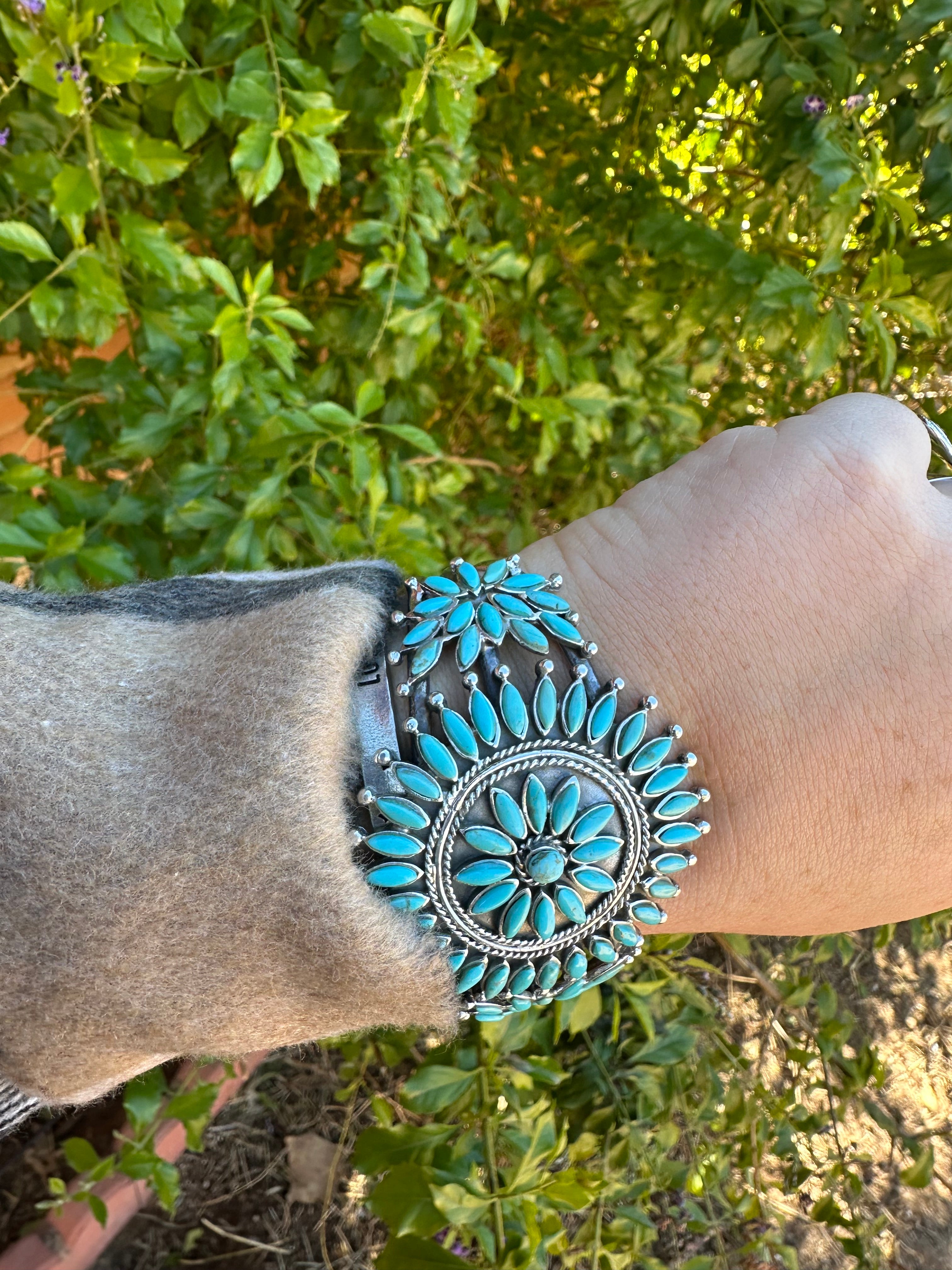 Handmade Sterling Silver & Turquoise Cluster Floral Cuff Bracelet Signed Nizhoni