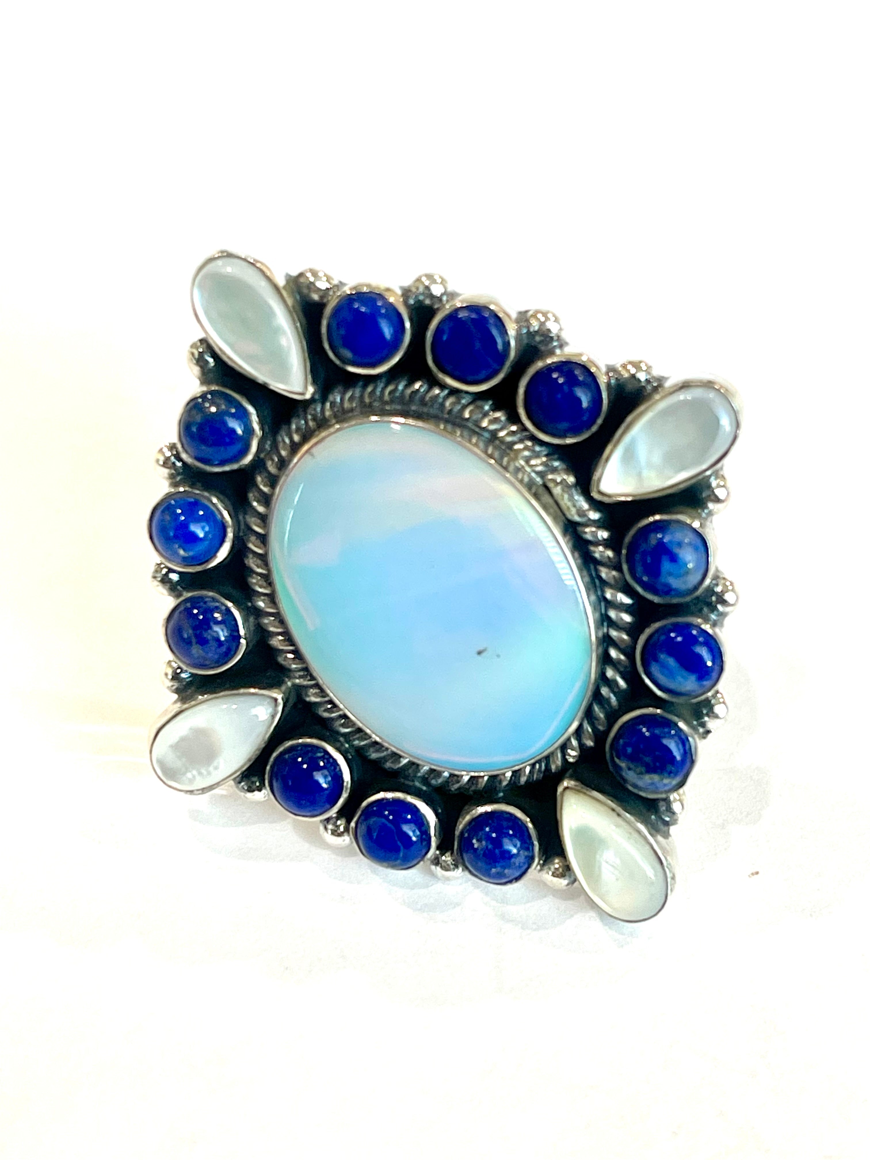 Handmade Opal, Mother Of Pearl, Lapis And Sterling Silver Adjustable Ring Signed Nizhoni