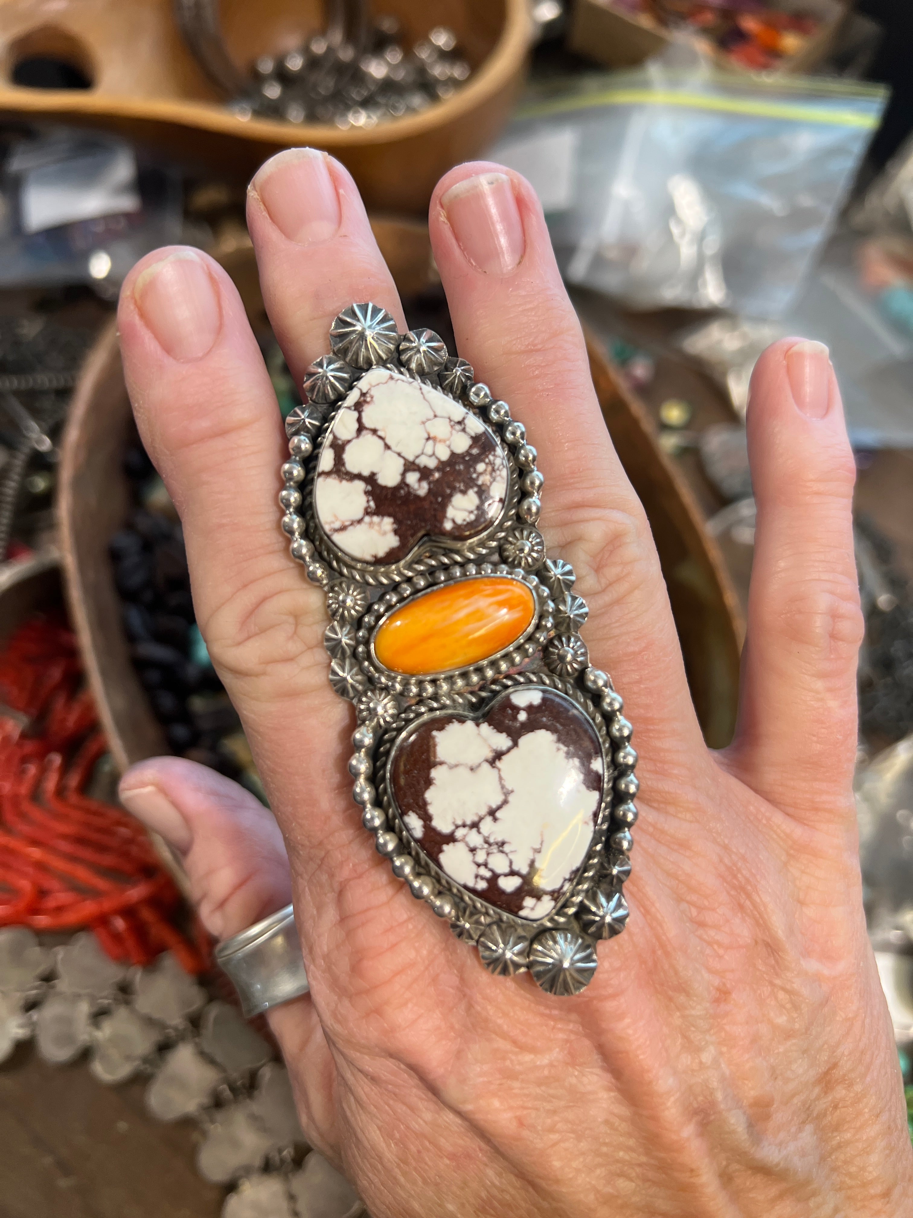 Apache Sterling Silver, Wild Horse Heart and Spiny Oyster Shell Statement Ring by Rosella Paxson, Size 9