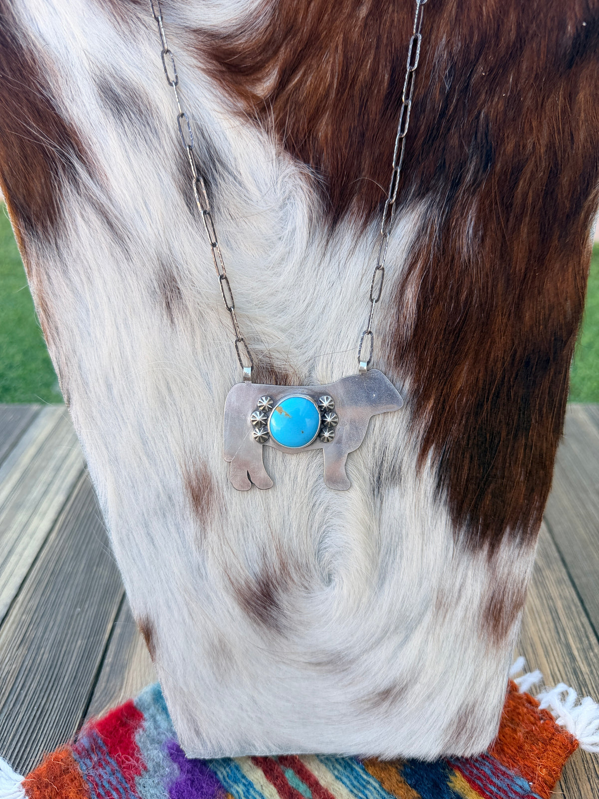 Handmade Sterling Silver & Turquoise Cow Necklace