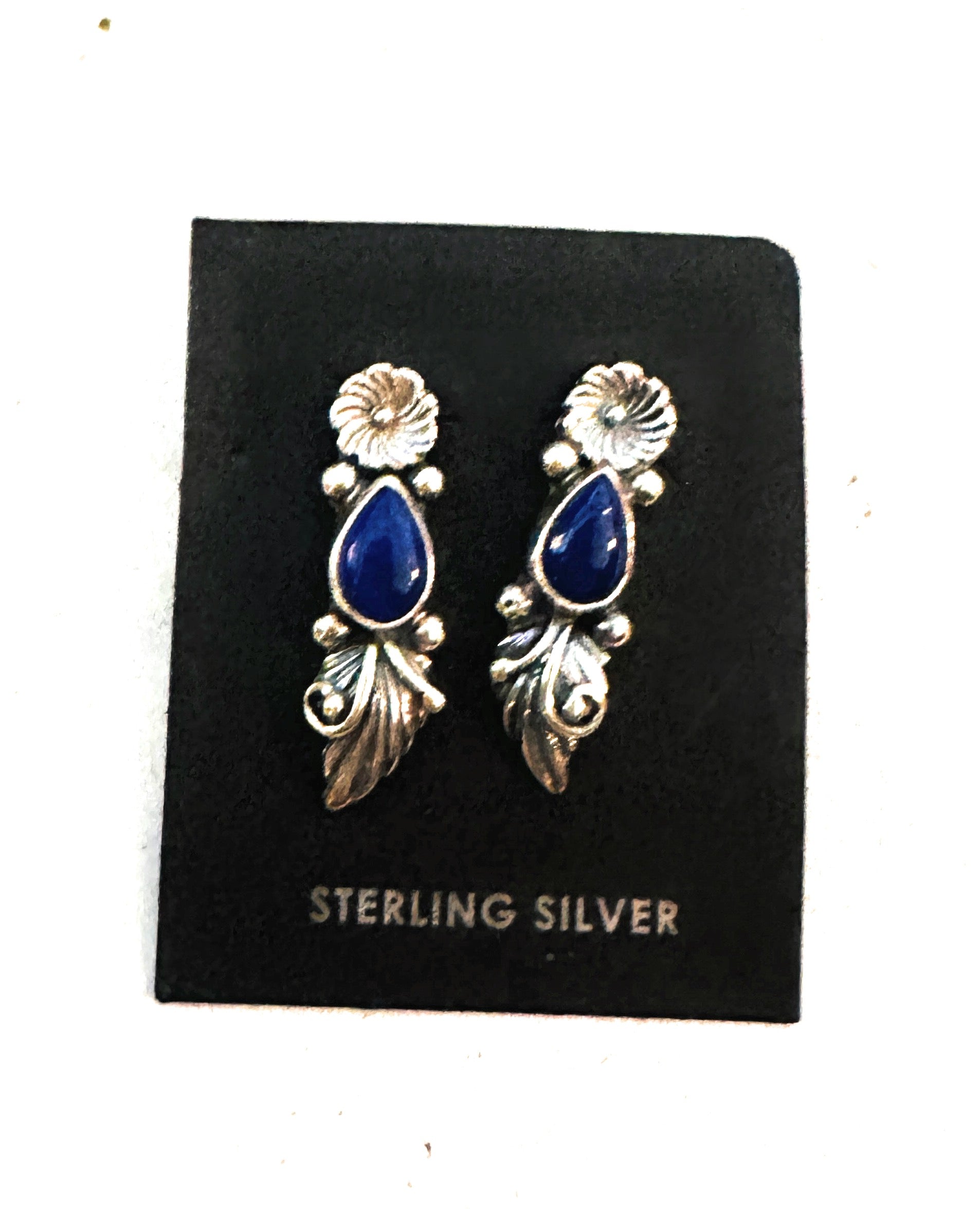 Navajo Lapis and Sterling Silver Flower Dangle Earrings