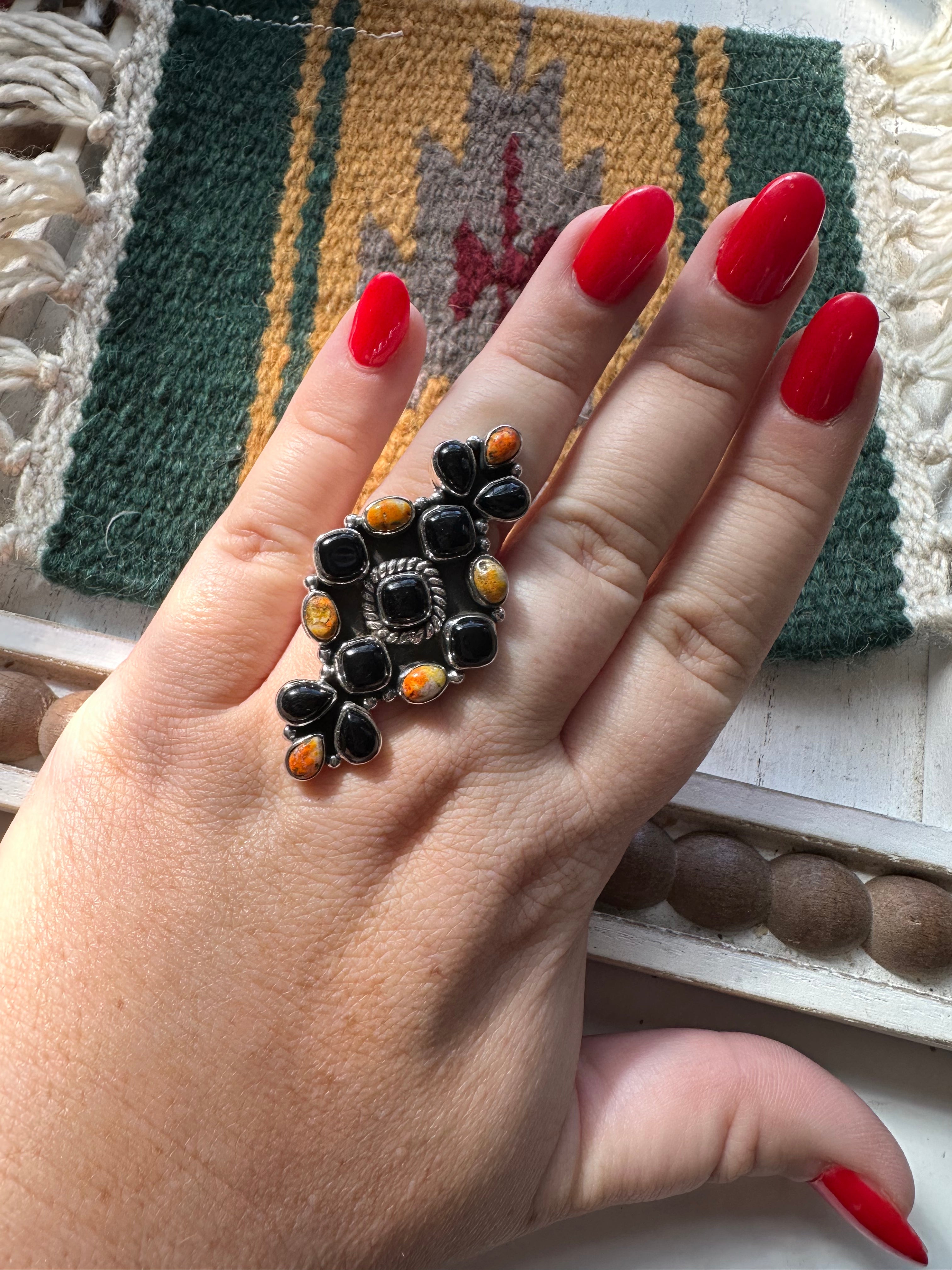 Beautiful Handmade Black Onyx, Bumble Bee & Sterling Silver Adjustable Ring Signed Nizhoni