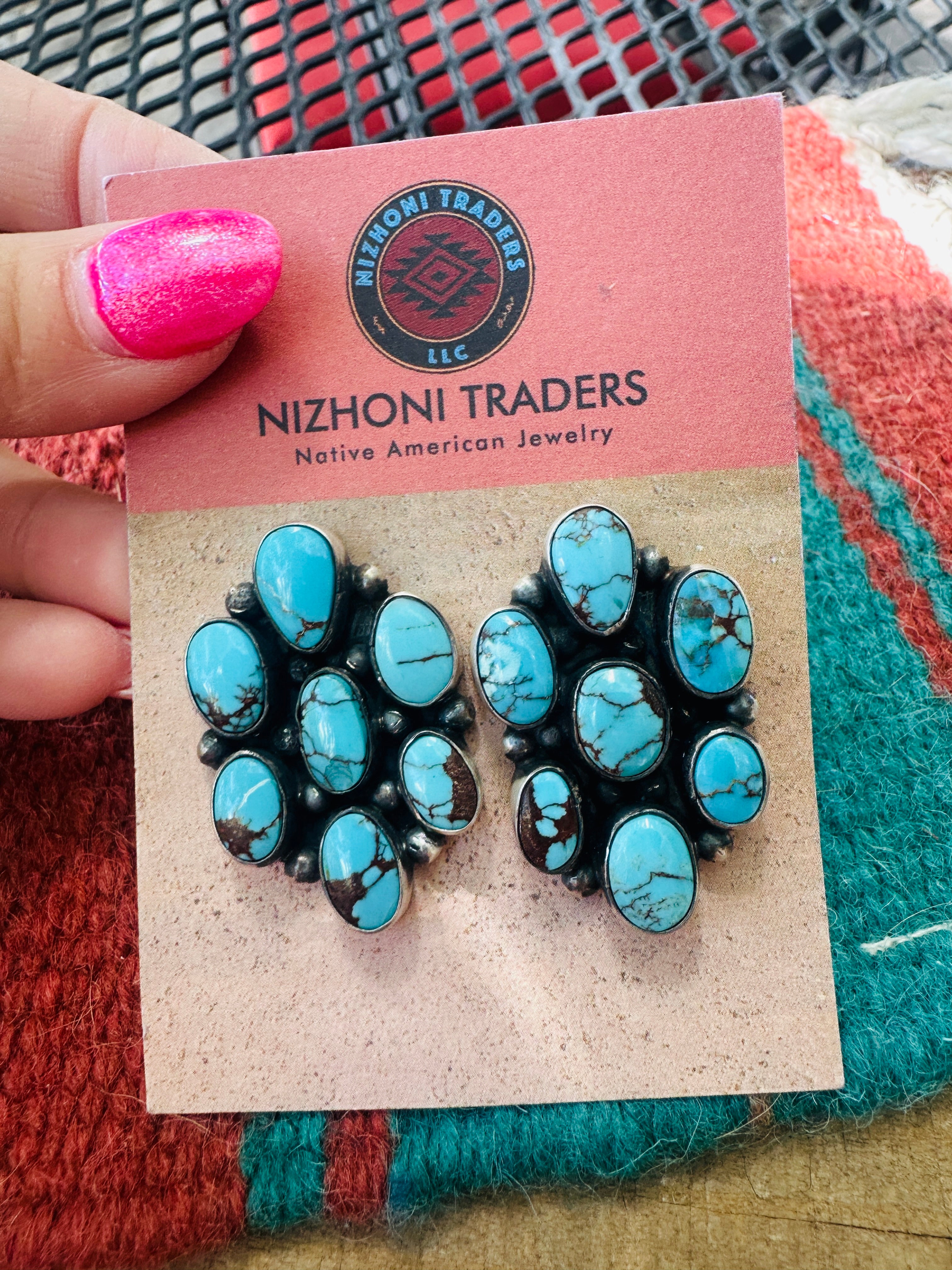 Handcrafted Sterling Silver & Kingman Web Turquoise Cluster Post Earrings