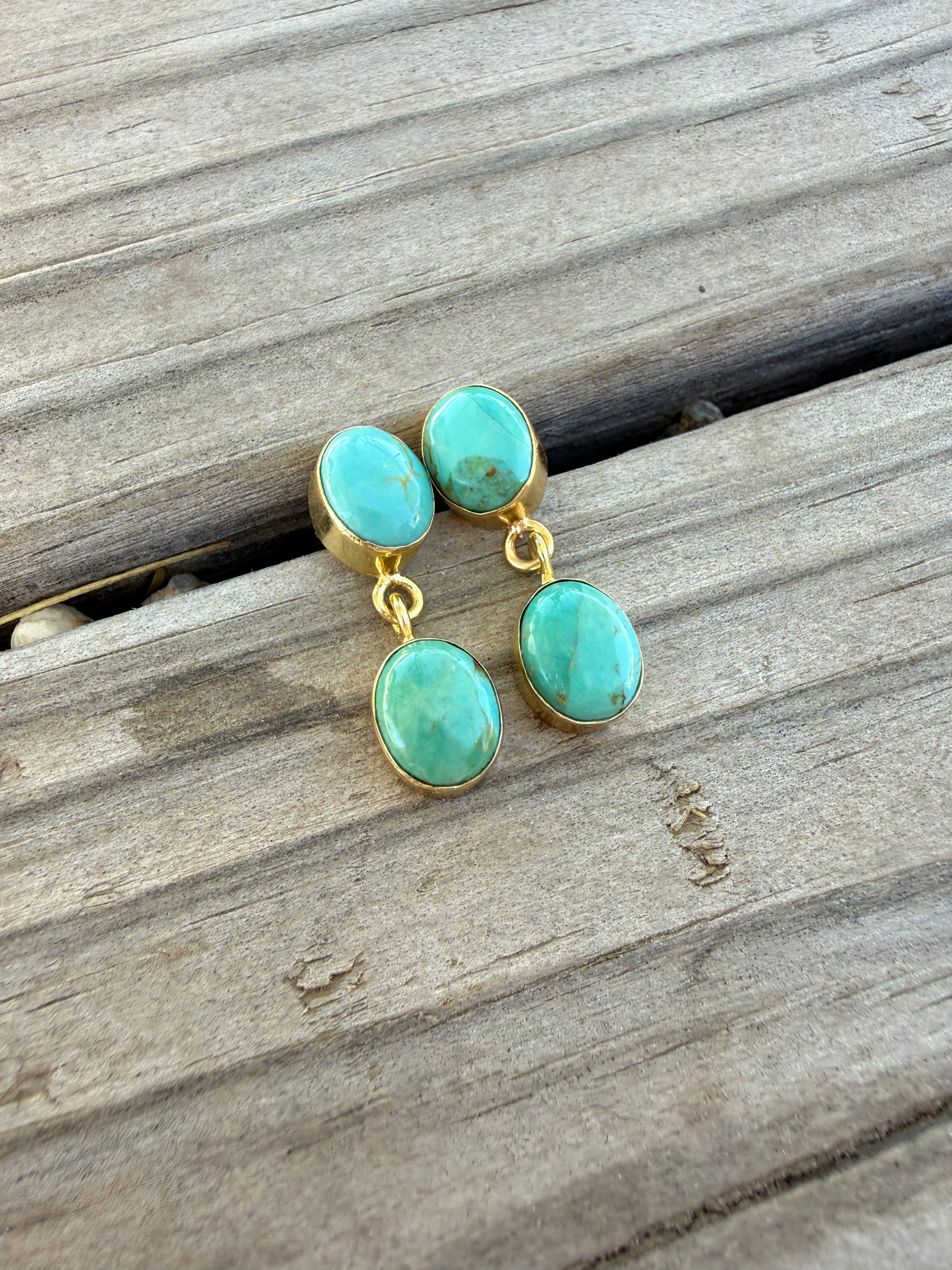“The Golden Collection” Handmade Natural Gold Plated Kingman Turquoise Post Dangle Earrings