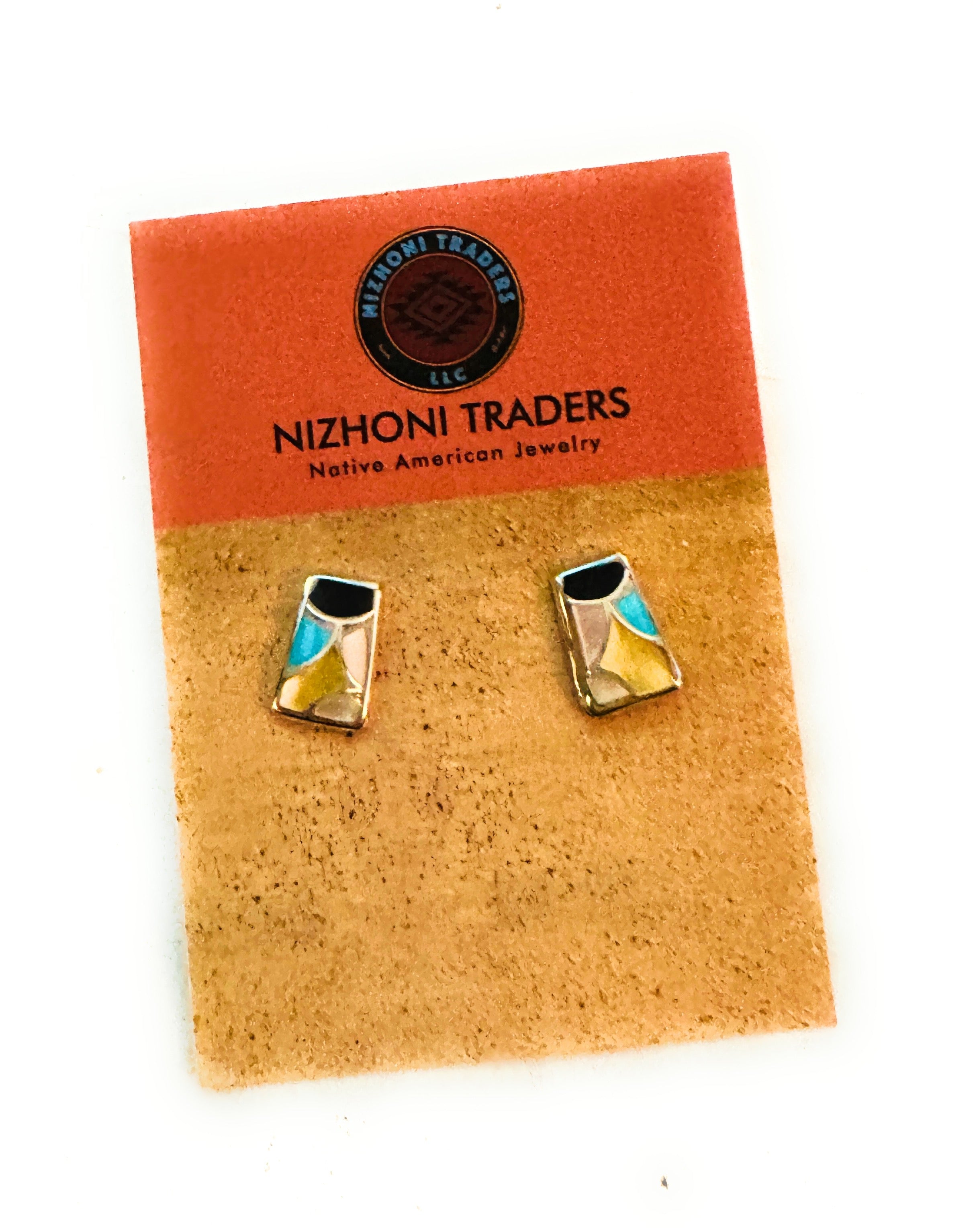 Zuni Multi Stone & Sterling Silver Inlay Stud Earrings