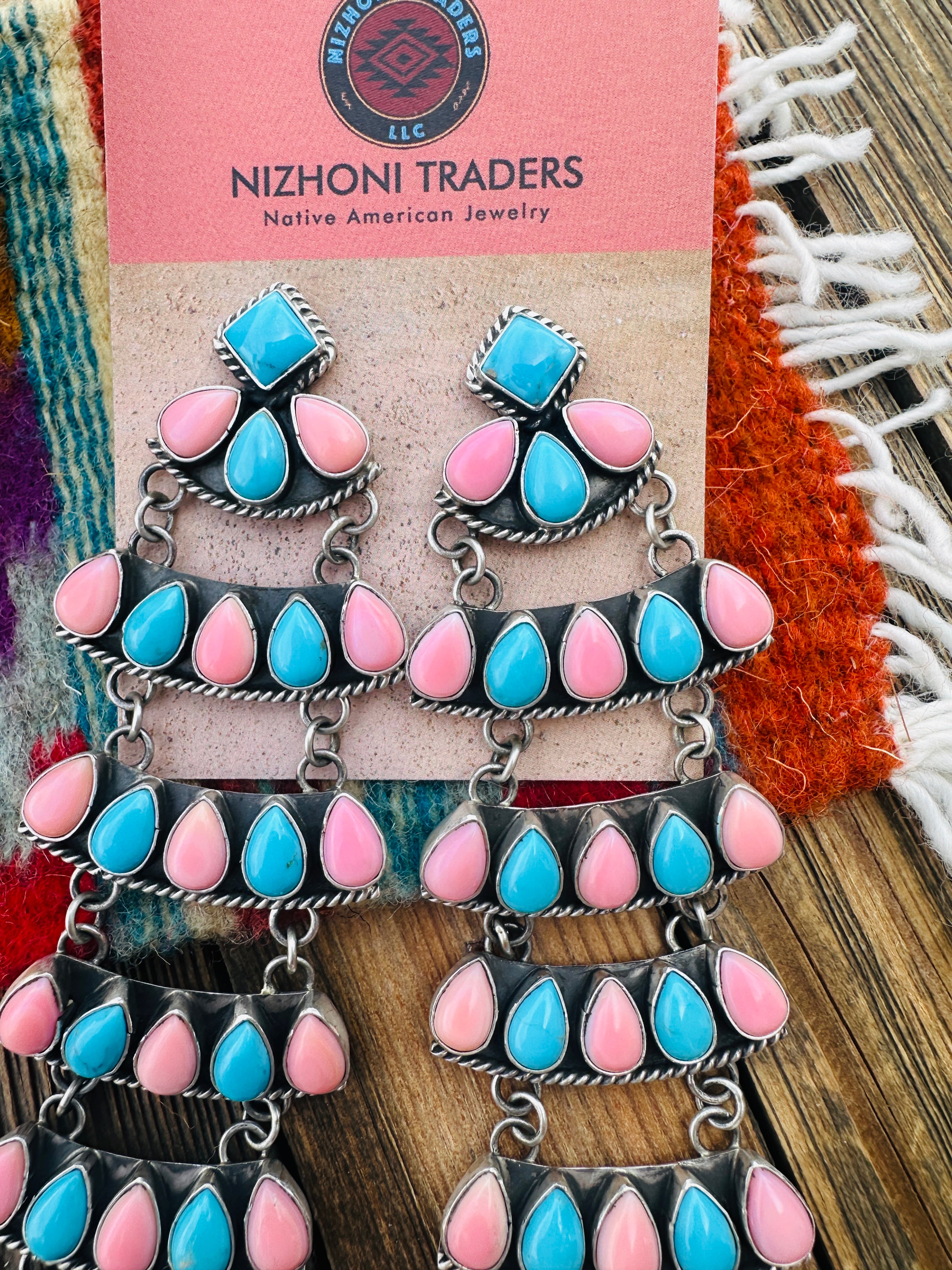 Handcrafted Turquoise, Pink Conch & Sterling Silver Chandelier Dangle Earrings by Charles Johnson
