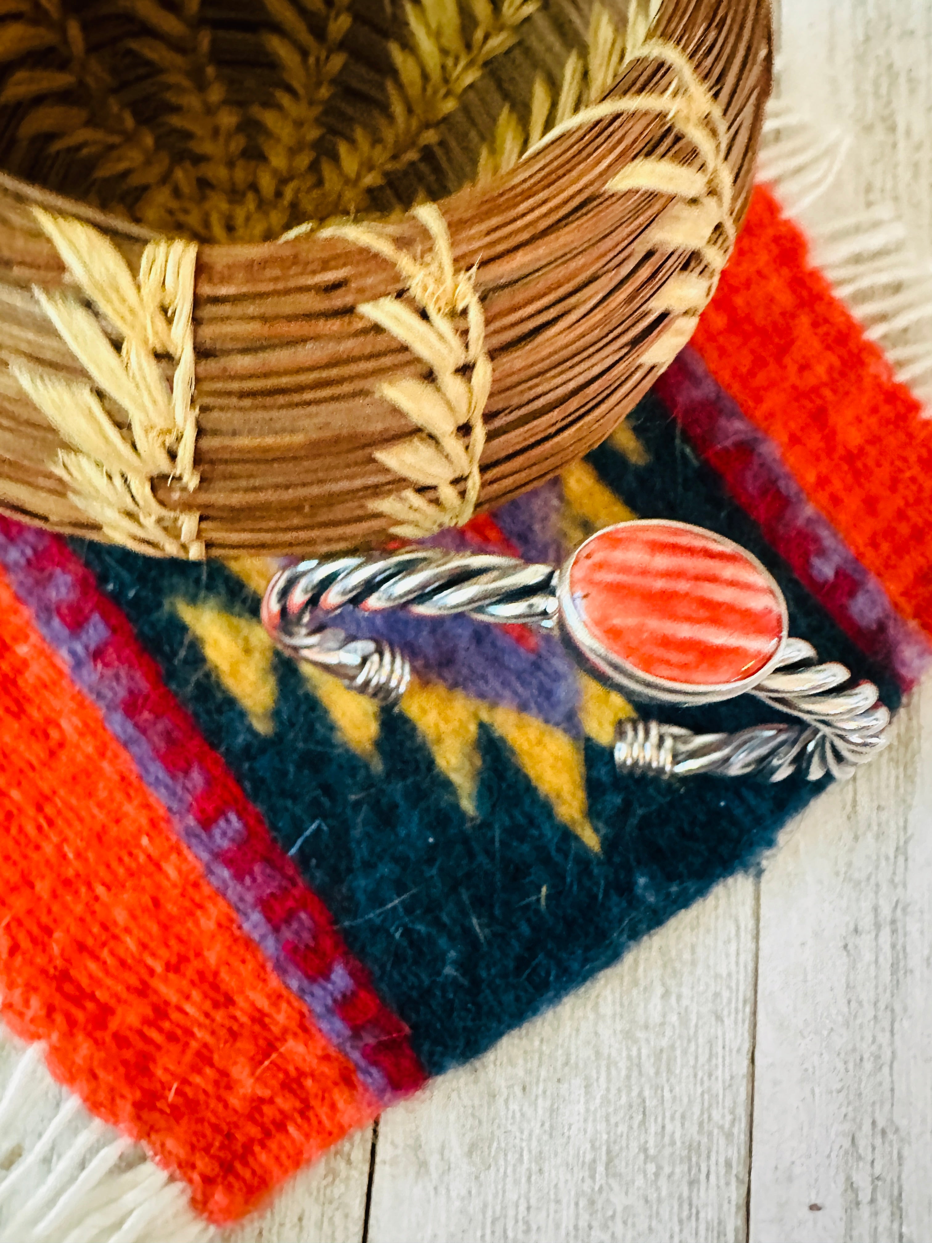 Navajo Twisted Sterling Silver & Orange Spiny Cuff Bracelet