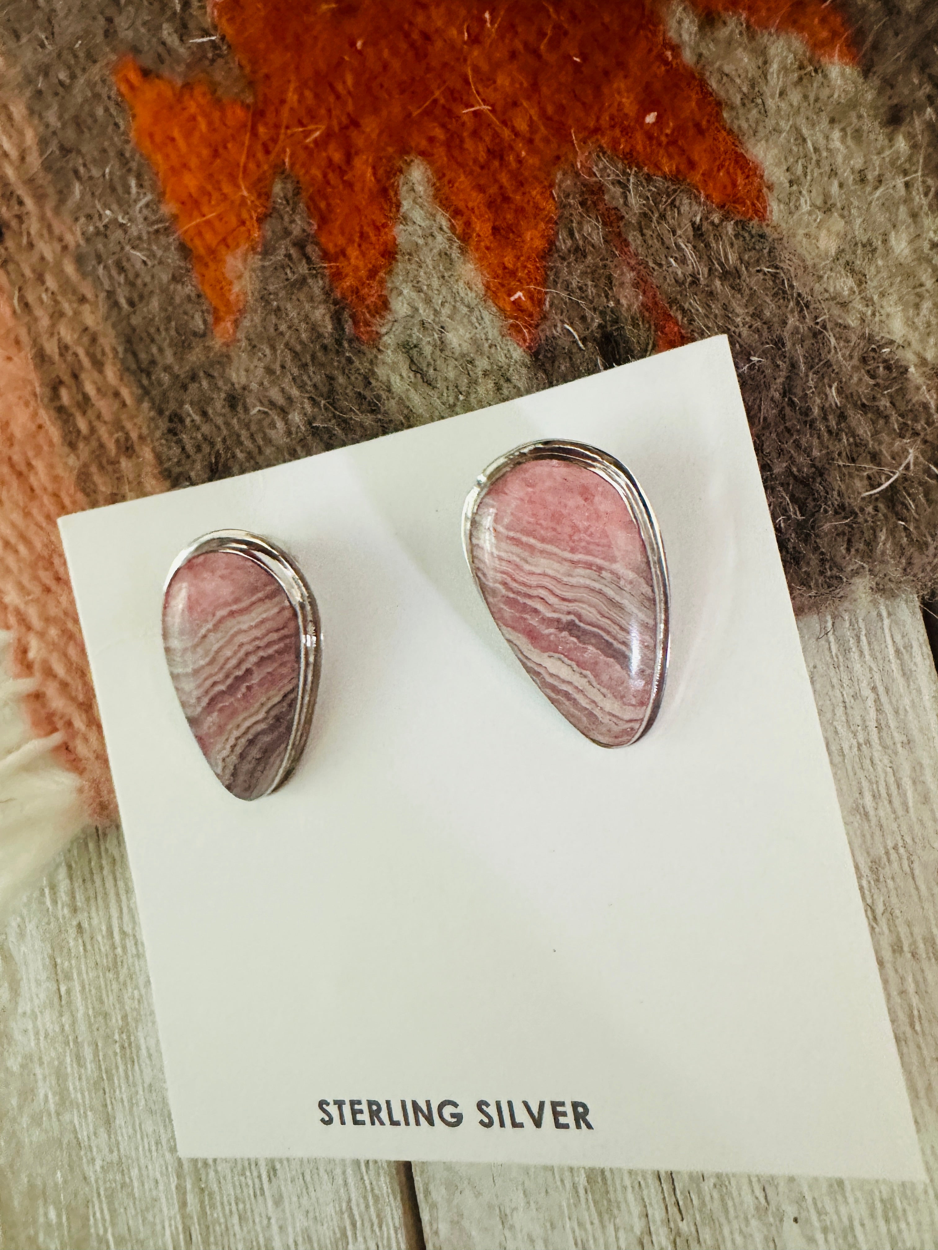 Navajo Rhodochrosite and Sterling Silver Clip On Earrings