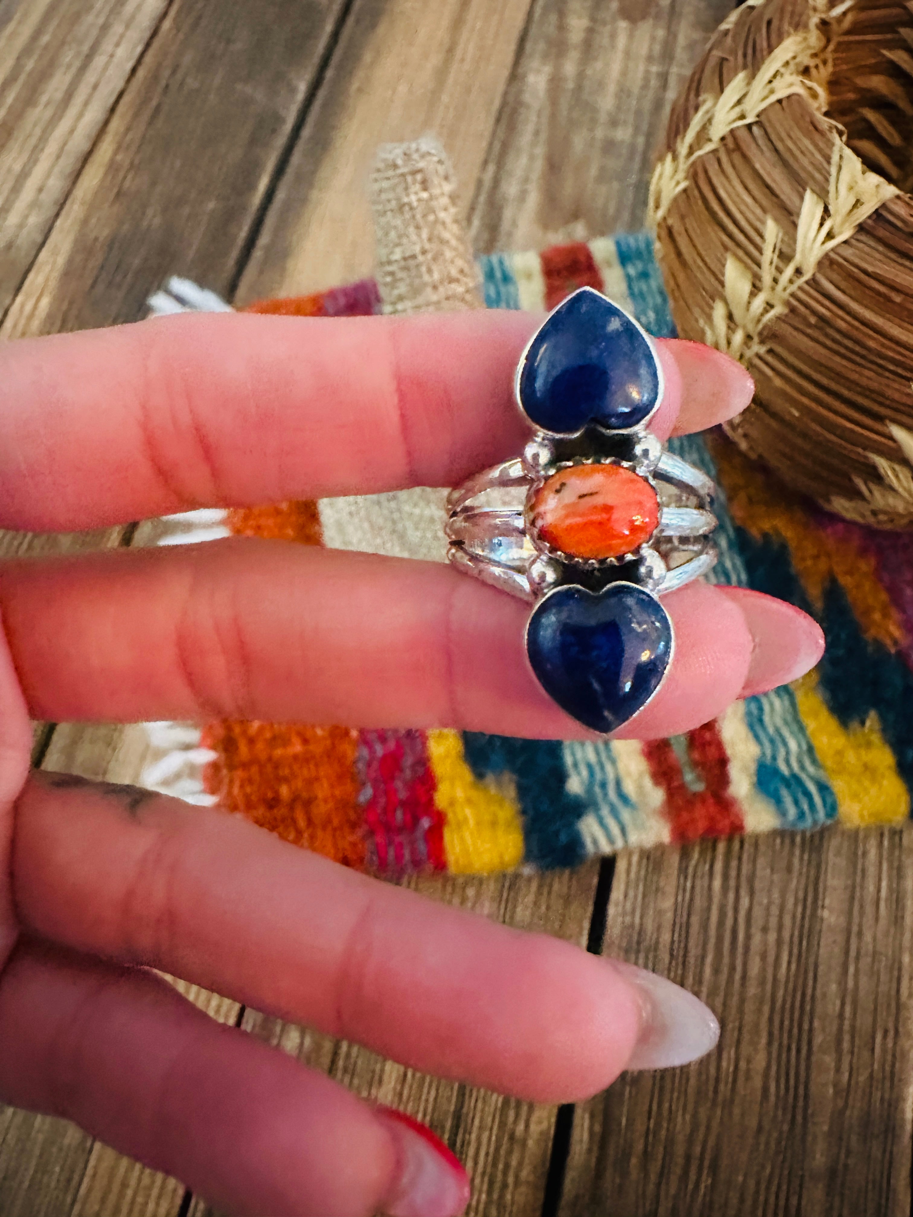 Handcrafted Lapis, Spiny Oyster & Sterling Silver Heart Ring Size 11