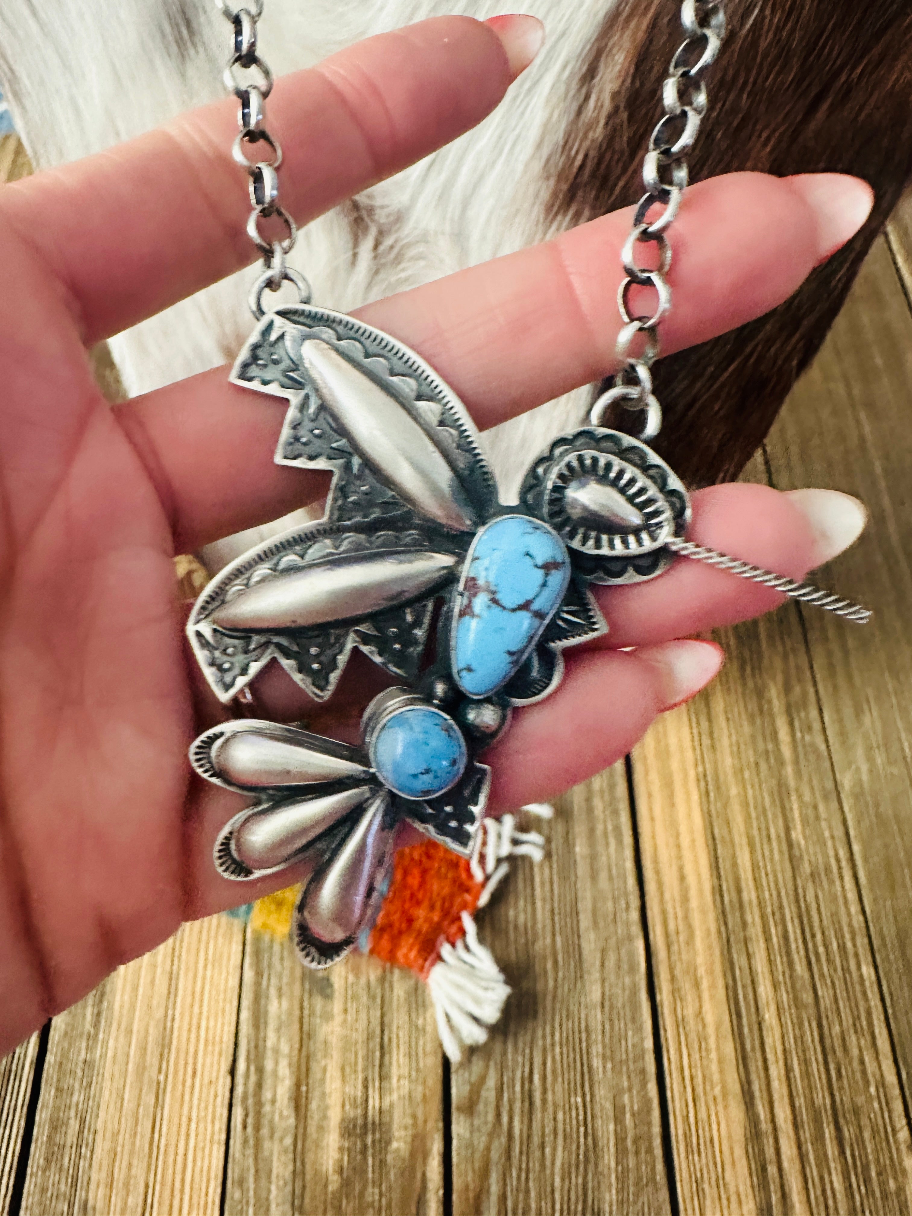 Handcrafted Golden Hills Turquoise & Sterling Silver Hummingbird Necklace by Charles Johnson