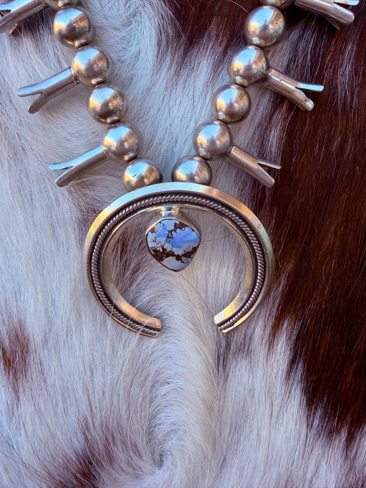 Handmade Sterling Silver and Golden Hills Turquoise Beaded Squash Blossom Necklace "Signed Nizhoni"