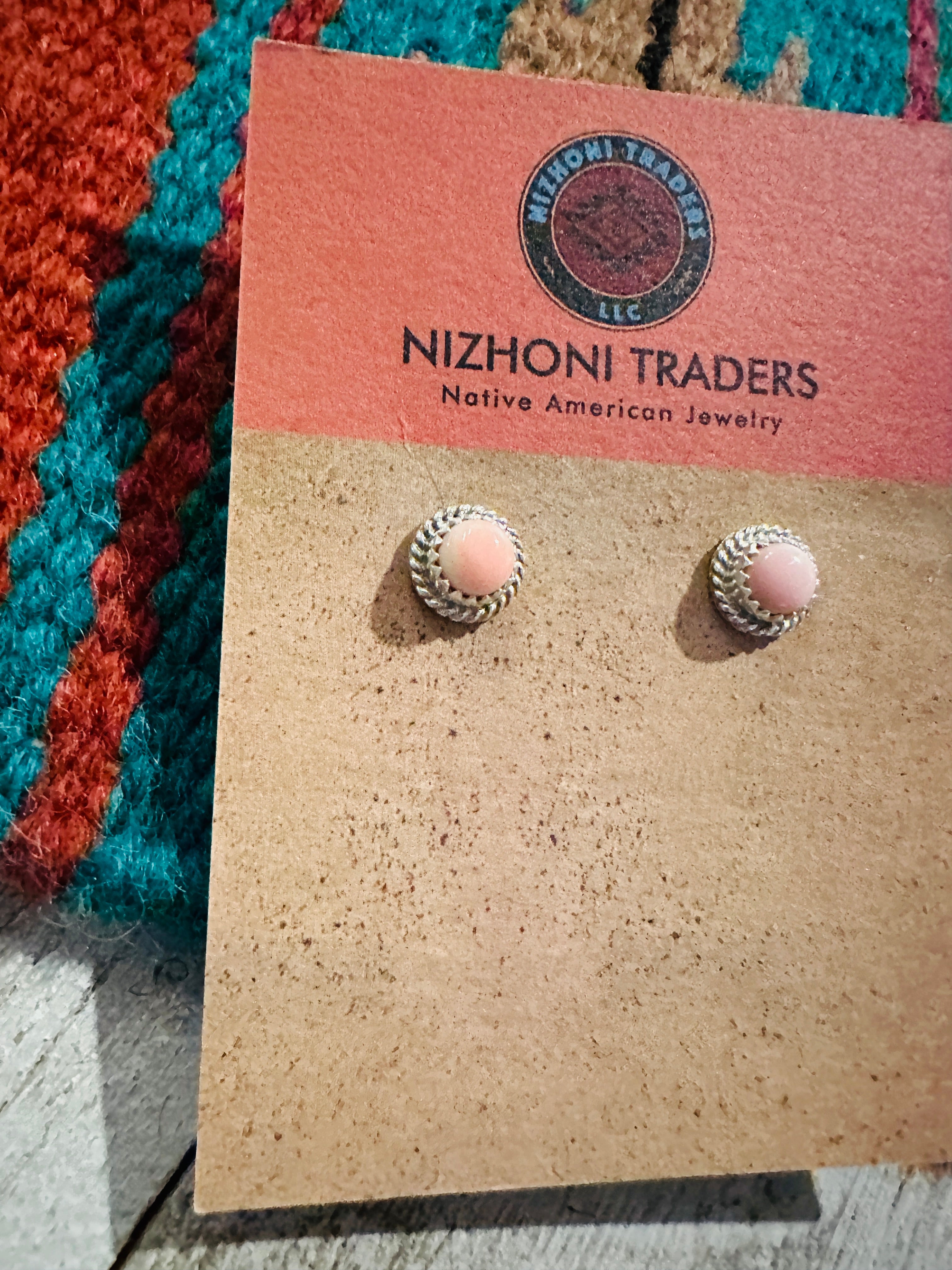 Navajo Queen Pink Conch & Sterling Silver Circle Stud Earrings