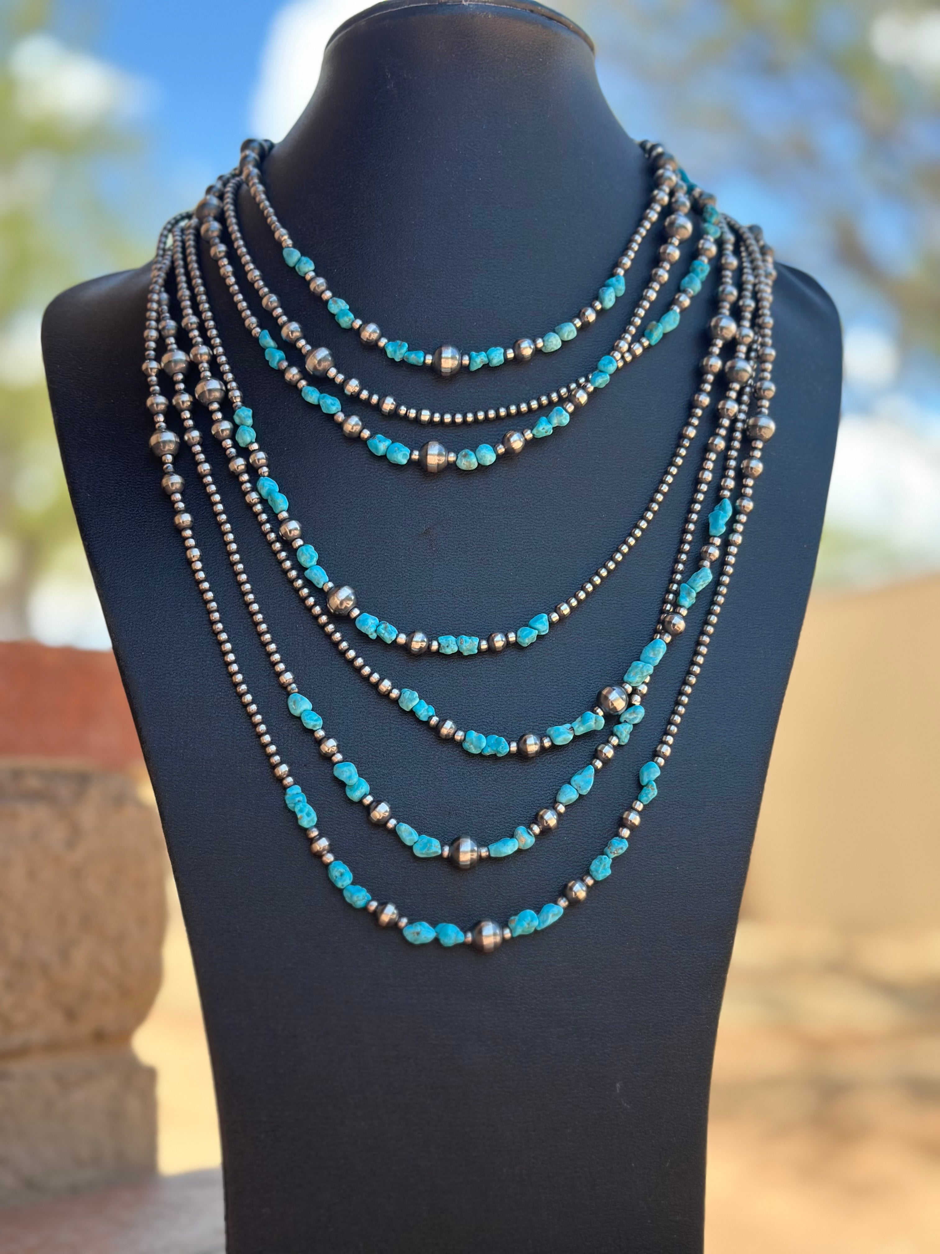 Handcrafted Kingman Dance Turquoise & Sterling Silver 3mm-8mm Beaded Necklace