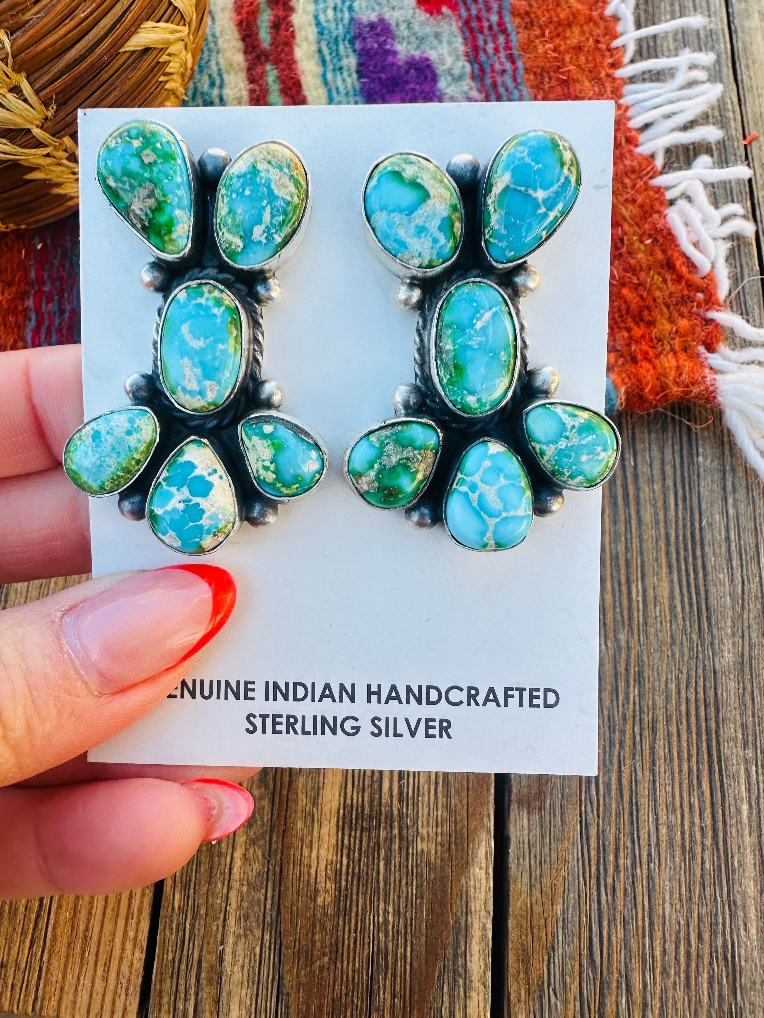 Handcrafted Sonoran Mountain Turquoise & Sterling Silver Cluster Post Earrings by Debra Smith