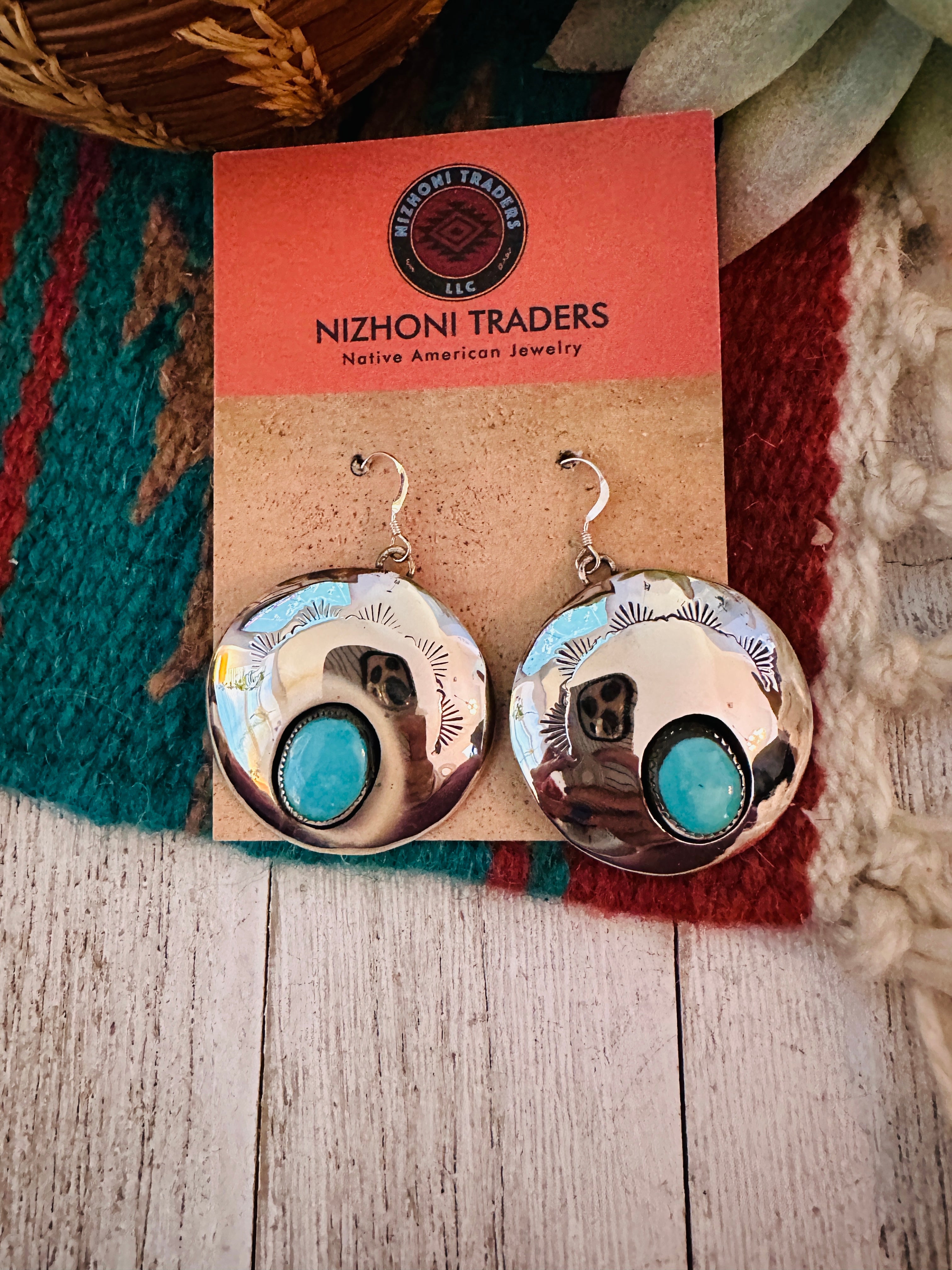 Navajo Hand Stamped Sterling Silver & Turquoise Dangle Earrings