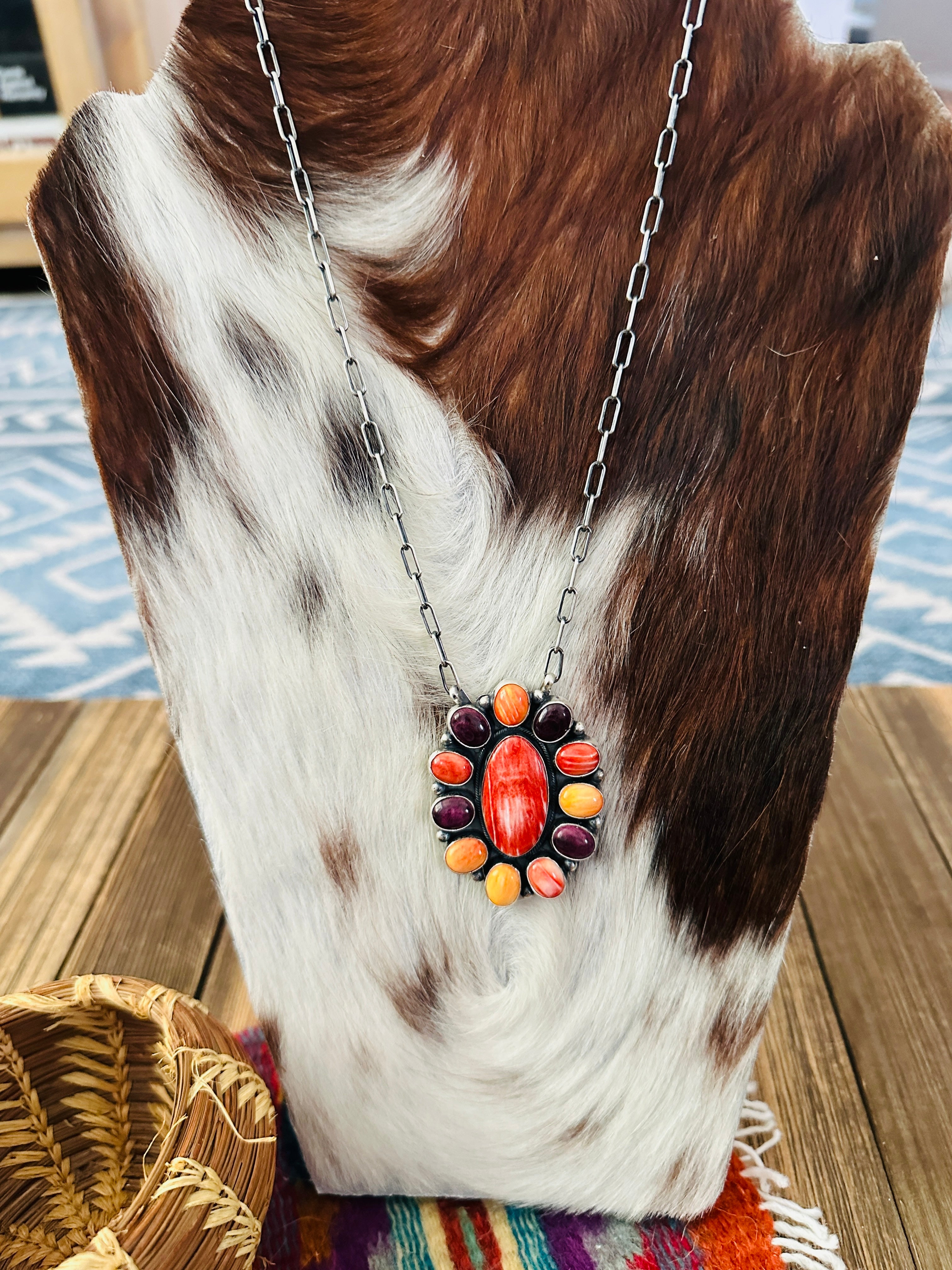 Handcrafted Multicolor Spiny Oyster & Sterling Silver Cluster Necklace by Sheila Becenti