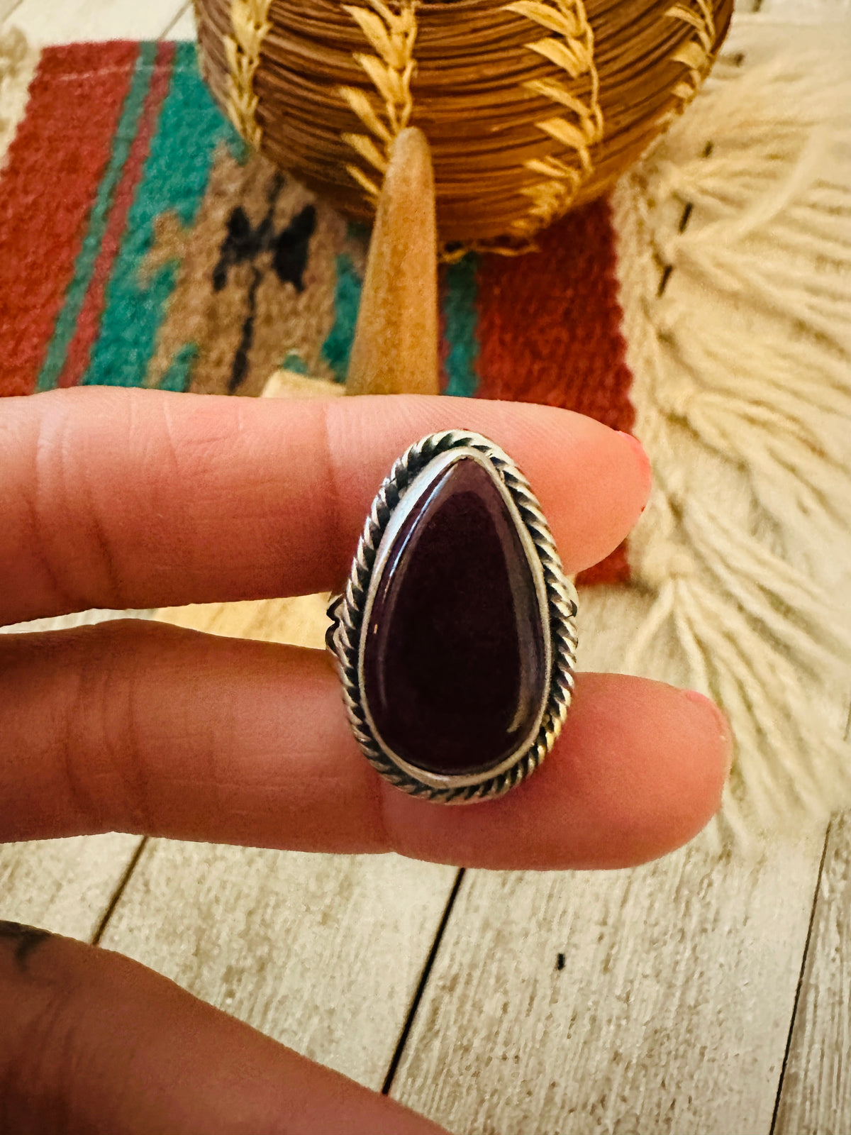 Handcrafted Purple Spiny Oyster & Sterling Silver Teardrop Ring Size 8