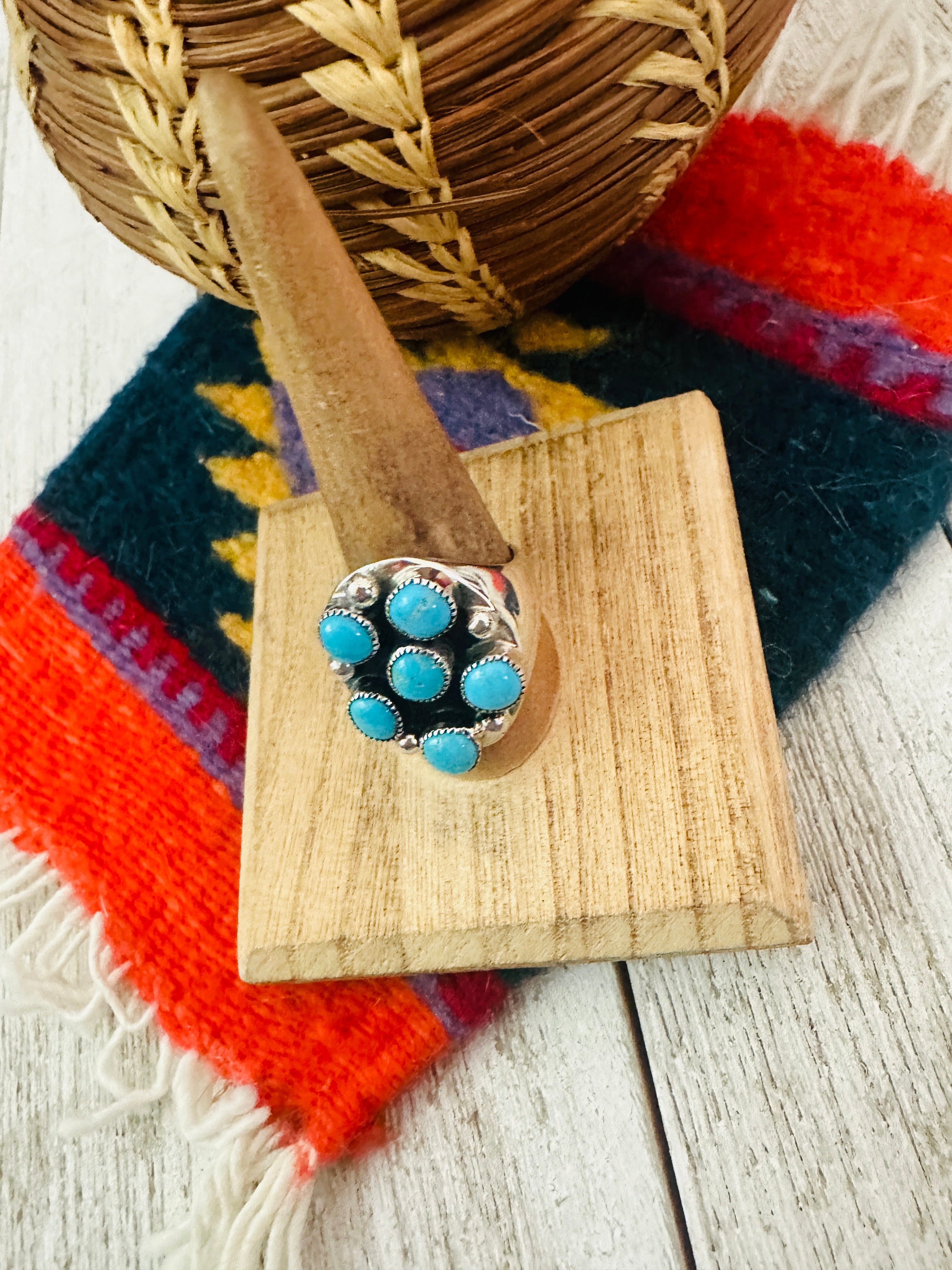 Navajo Turquoise & Sterling Silver Cluster Cigar Band Ring