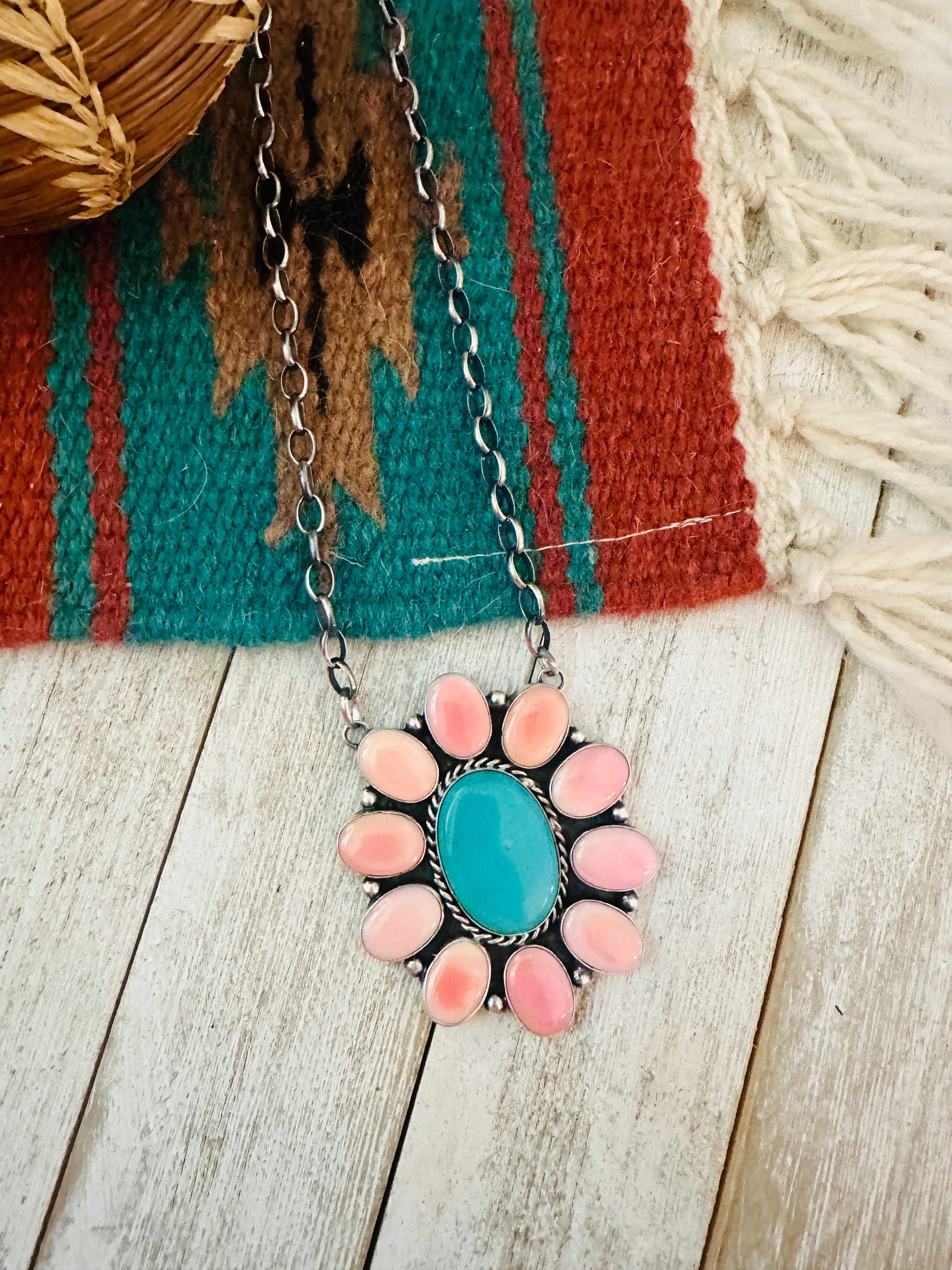 Navajo Sterling Silver, Queen Pink Conch & Turquoise Necklace