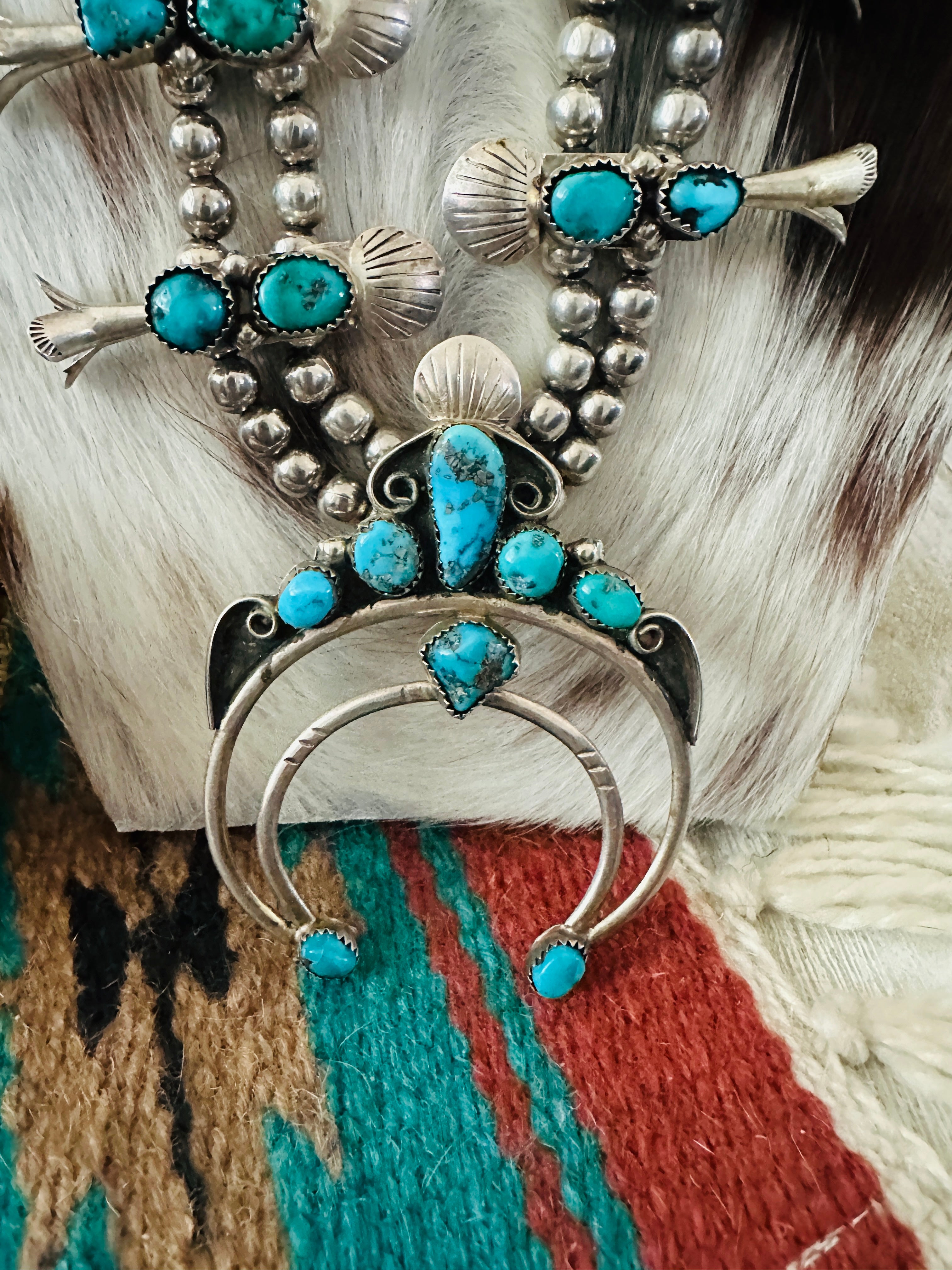 Old Pawn Handcrafted Turquoise & Sterling Silver Squash Blossom Necklace