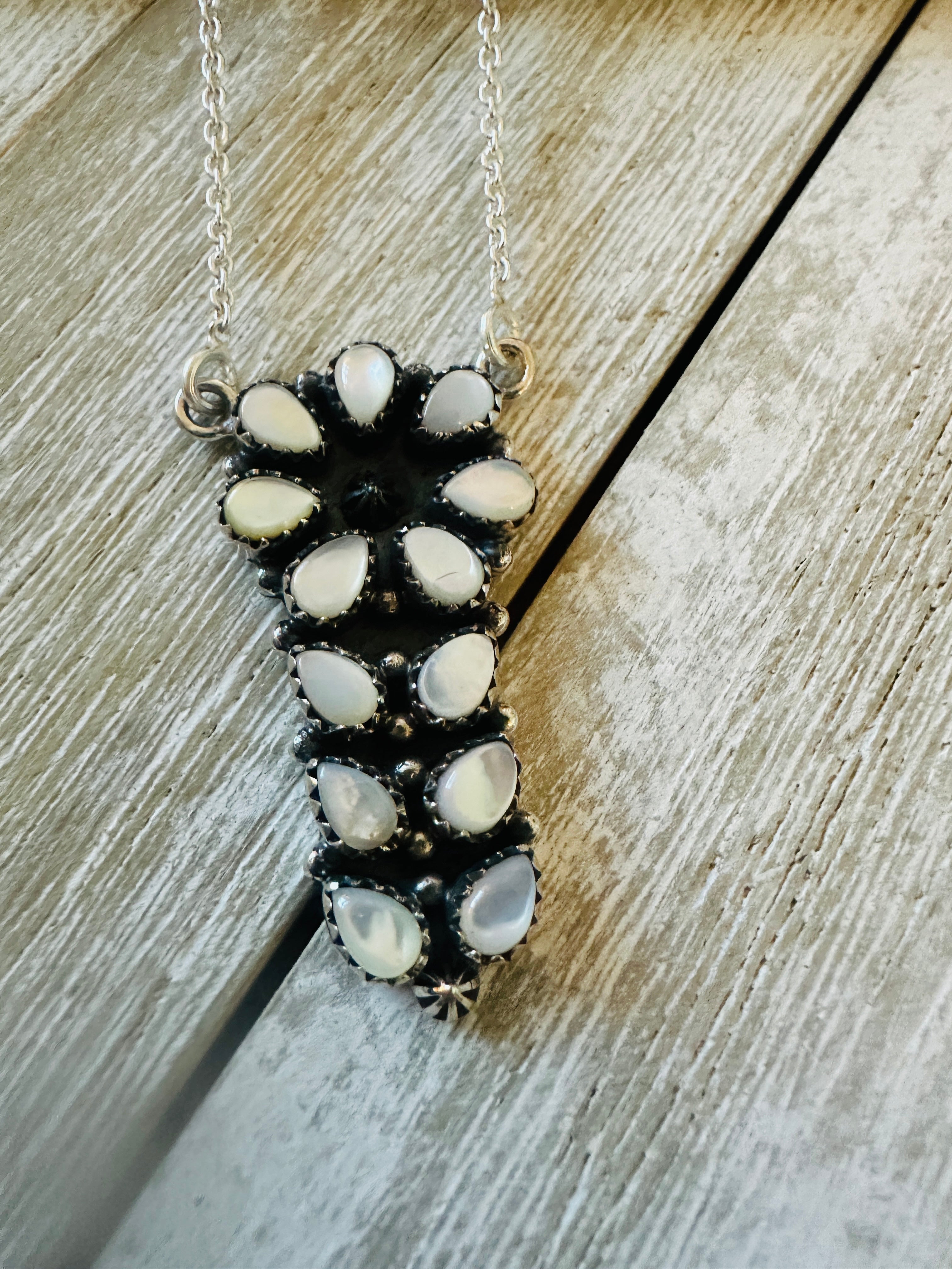 ** Christmas Collection ** Handmade Sterling Silver & Mother of Pearl Necklace Signed Nizhoni